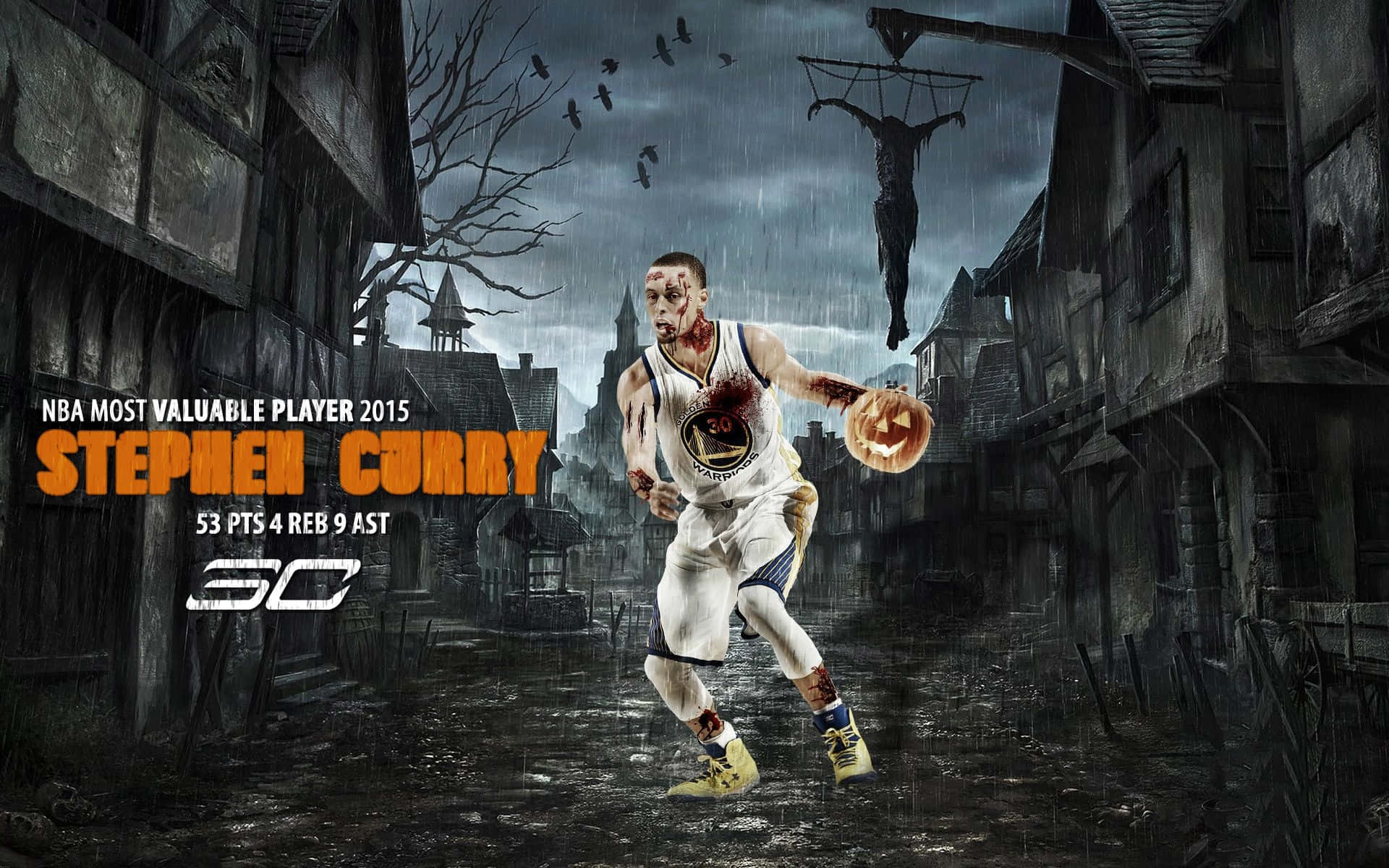 Stephen Curry, pumpkin-headed basketball, rainy gothic horror street, Full HD Desktop Wallpaper
