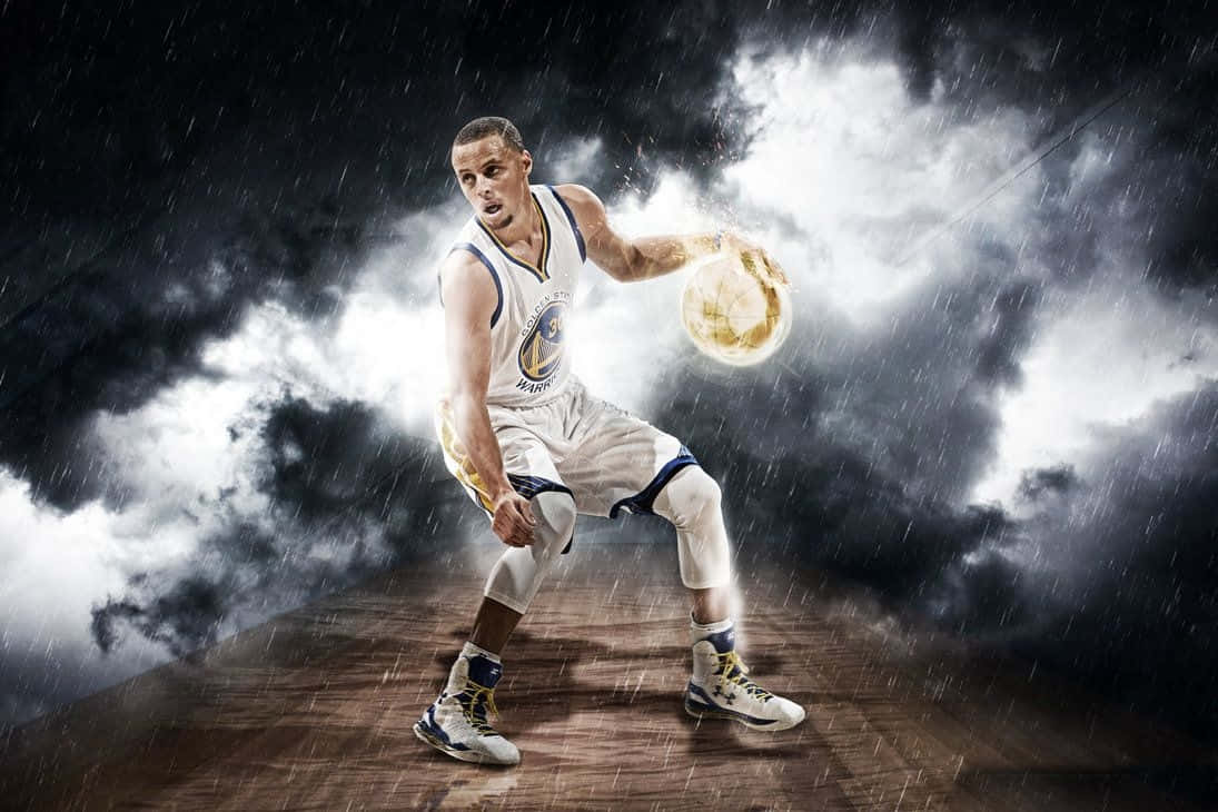 Stephen Curry, white uniform, glowing ball, SD Desktop Wallpaper