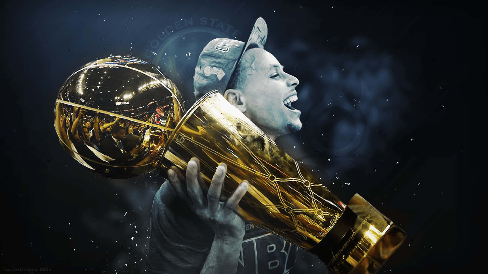 Stephen Curry, golden NBA championship trophy, dark cosmic background, Full HD Desktop Wallpaper