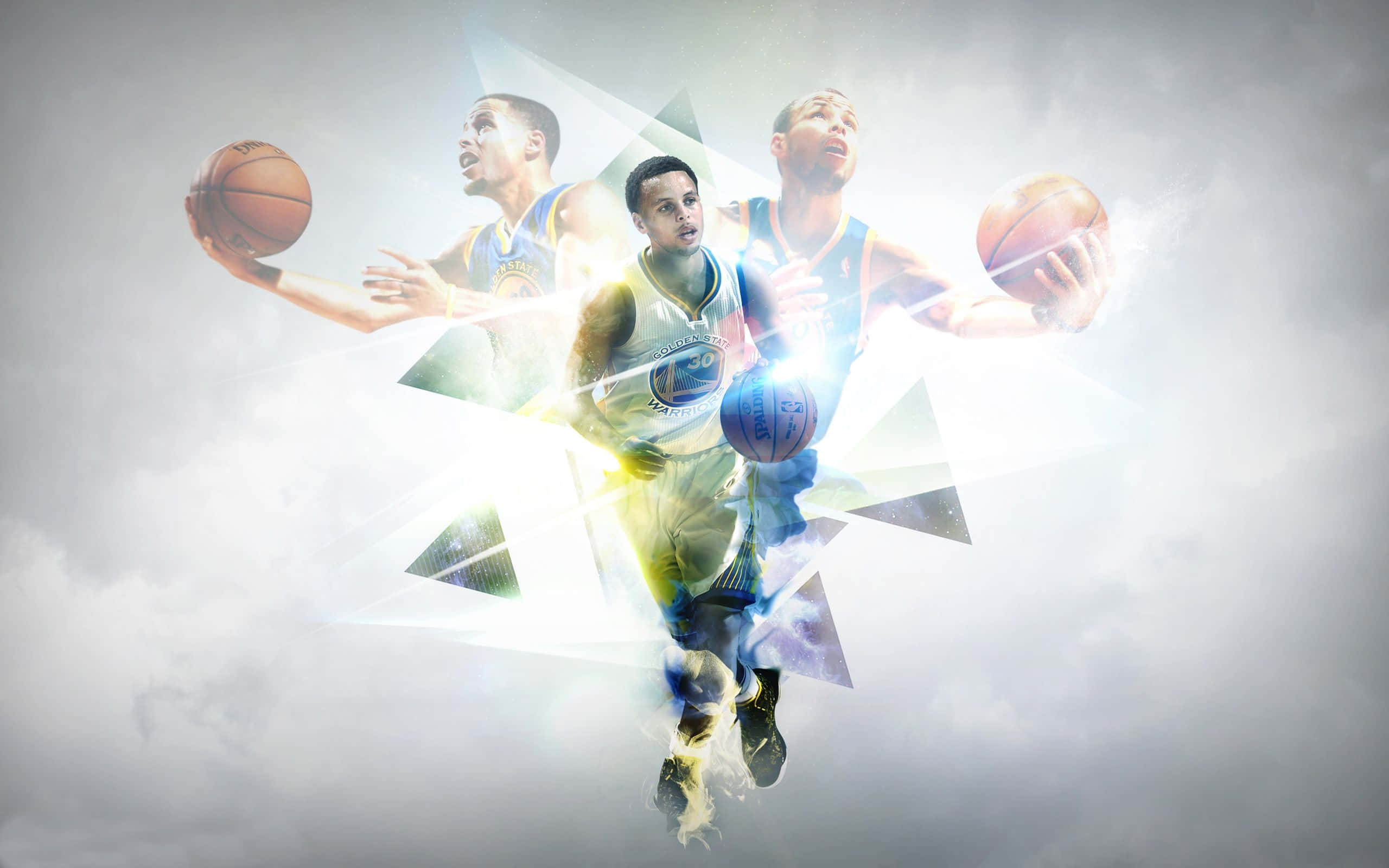 Stephen Curry, glowing geometric shards, cloudy sky, 2K Desktop Wallpaper