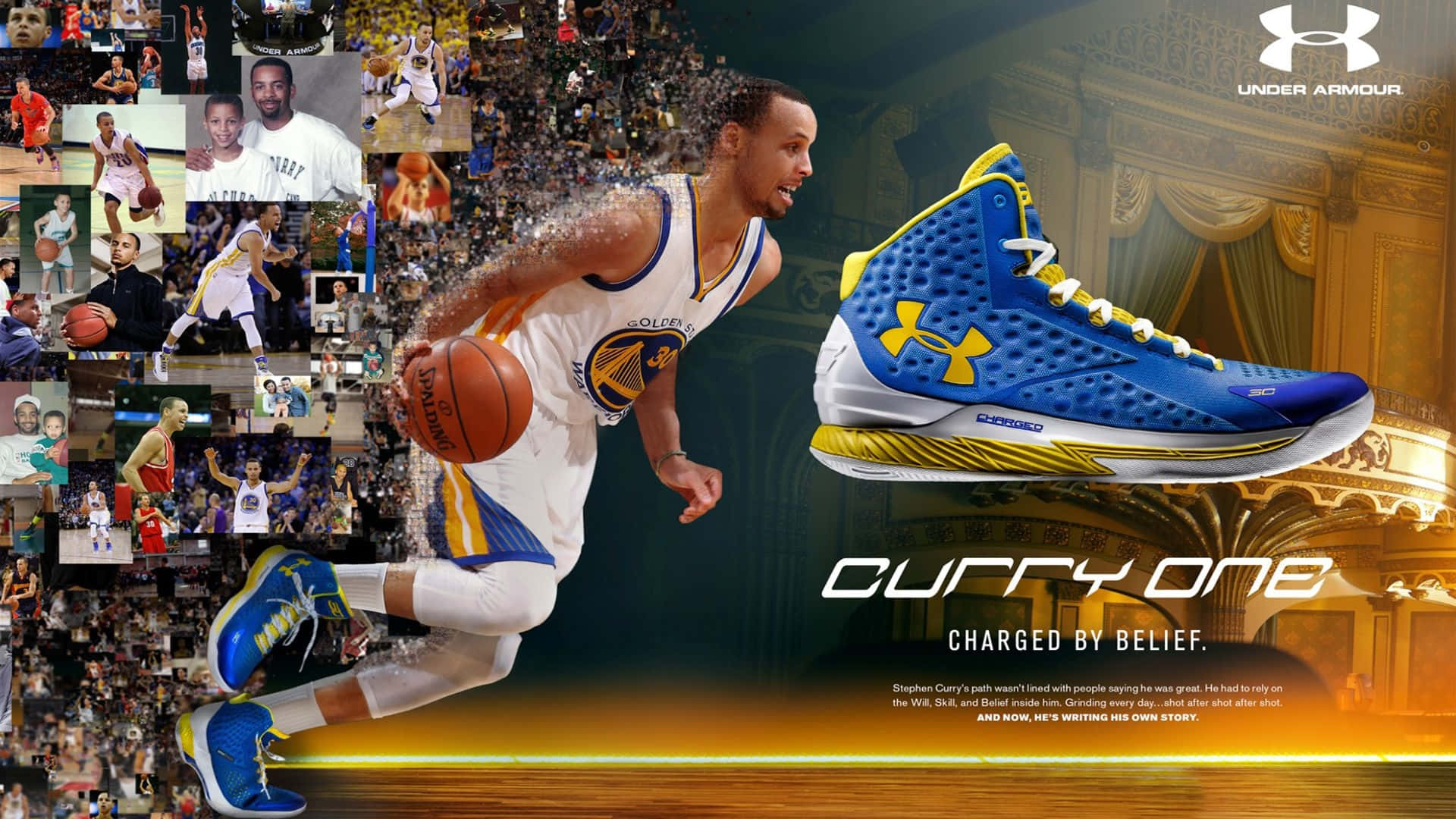 Stephen Curry, golden theater backdrop, giant sneaker, Full HD Desktop Wallpaper