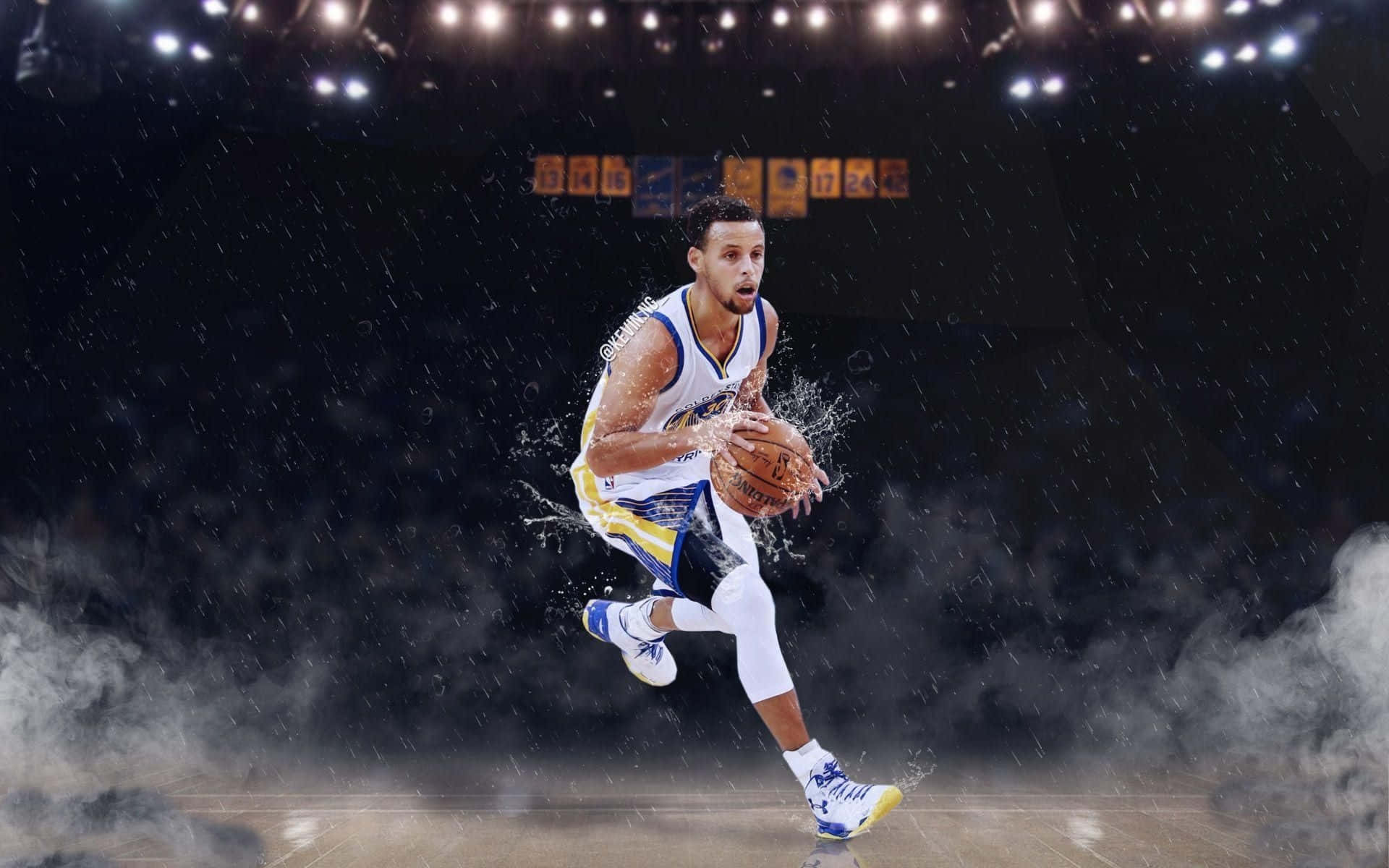 Stephen Curry, white and blue uniform, falling rain, Full HD Desktop Wallpaper