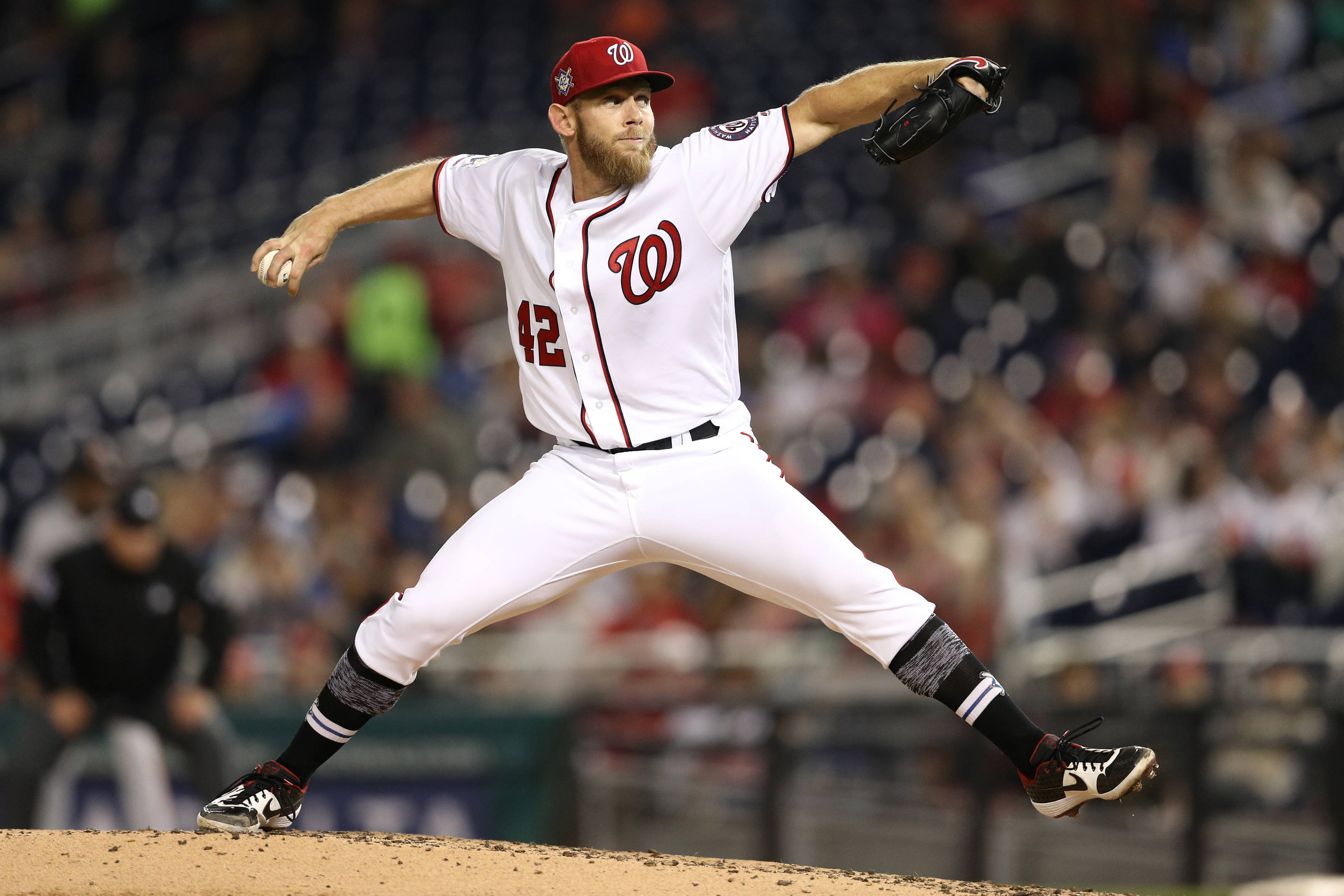 Stephen Strasburg, white uniform, red accents, 2K Desktop Wallpaper