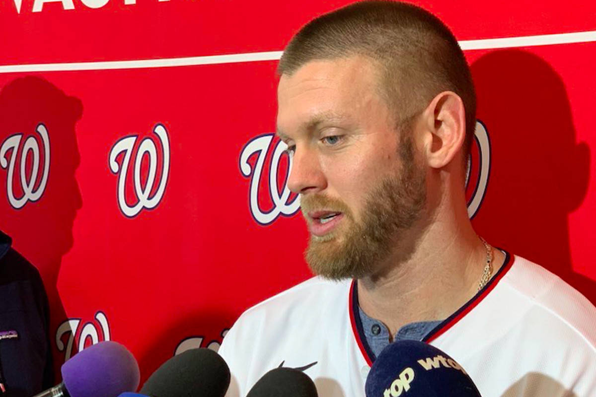 Stephen Strasburg, white jersey, red wall, SD Desktop Wallpaper