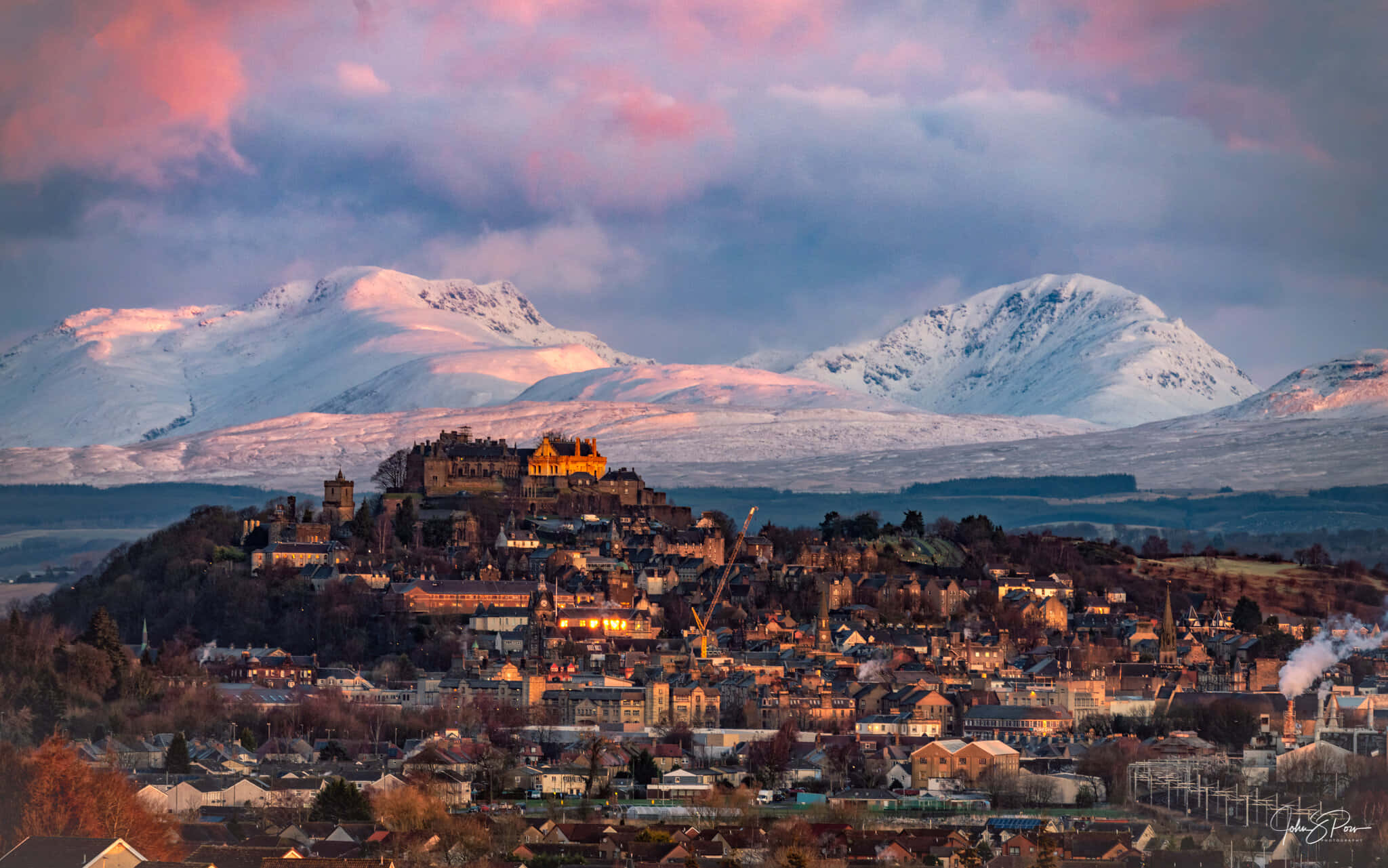 Sterling Castle, sunset, snowcapped mountains, Full HD Desktop Wallpaper