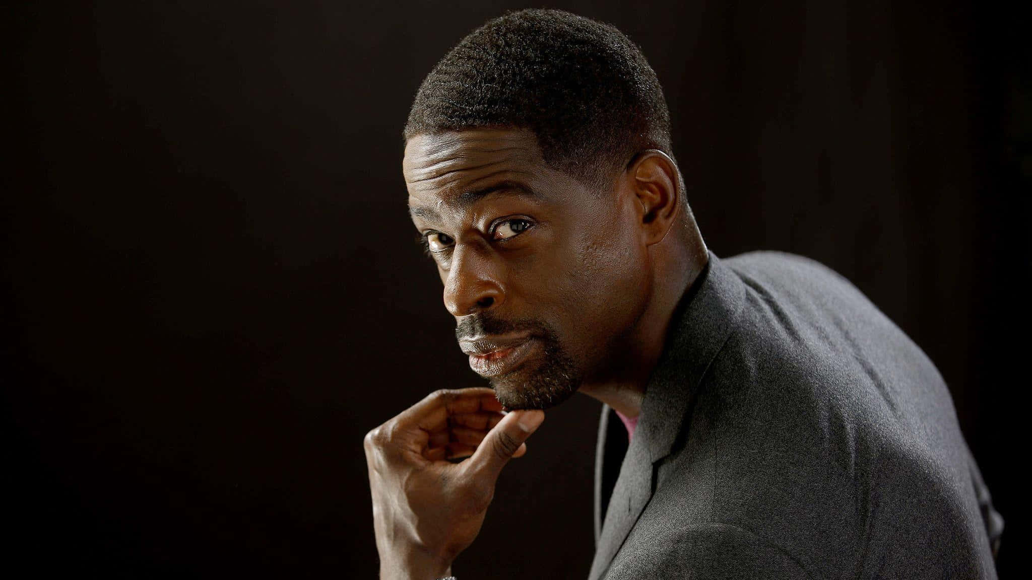 Sterling K Brown, gray suit, dark background, Full HD Desktop Wallpaper