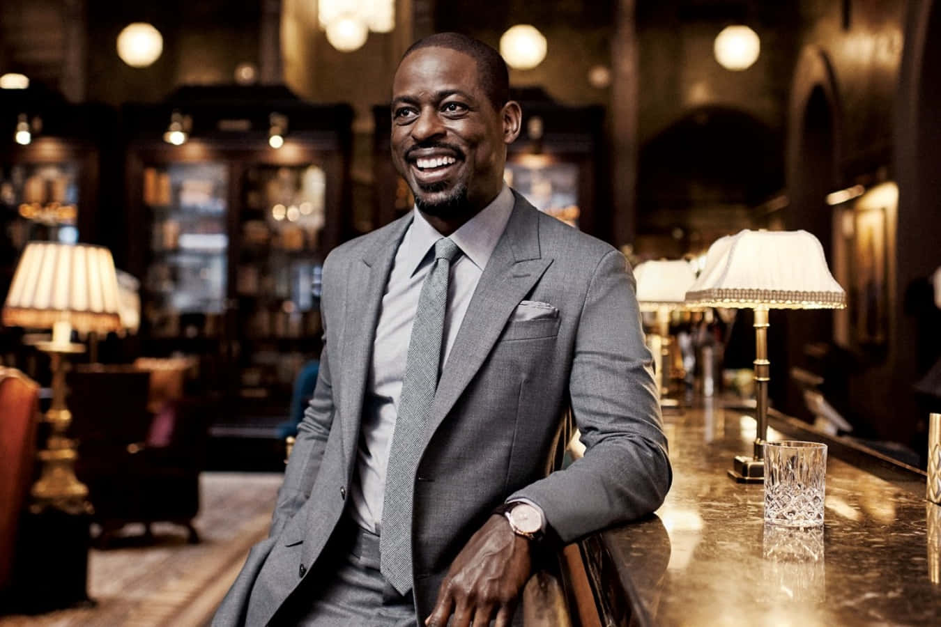 Sterling K Brown, gray suit, polished bar, HD Desktop Wallpaper