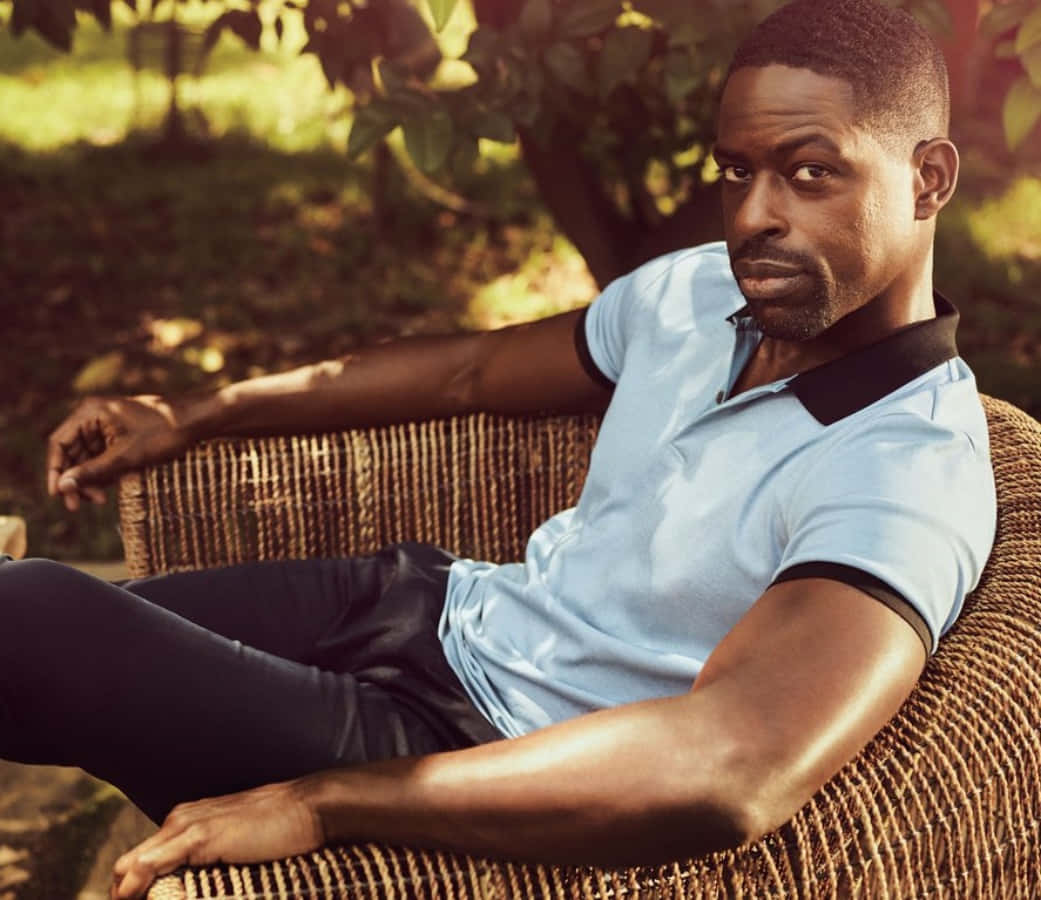Sterling K Brown, light blue polo shirt, wicker chair, SD Desktop Wallpaper