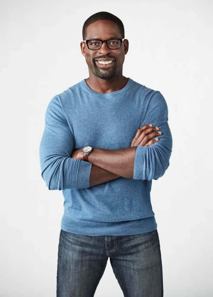 Sterling K Brown, blue sweater, glasses, SD Phone Wallpaper