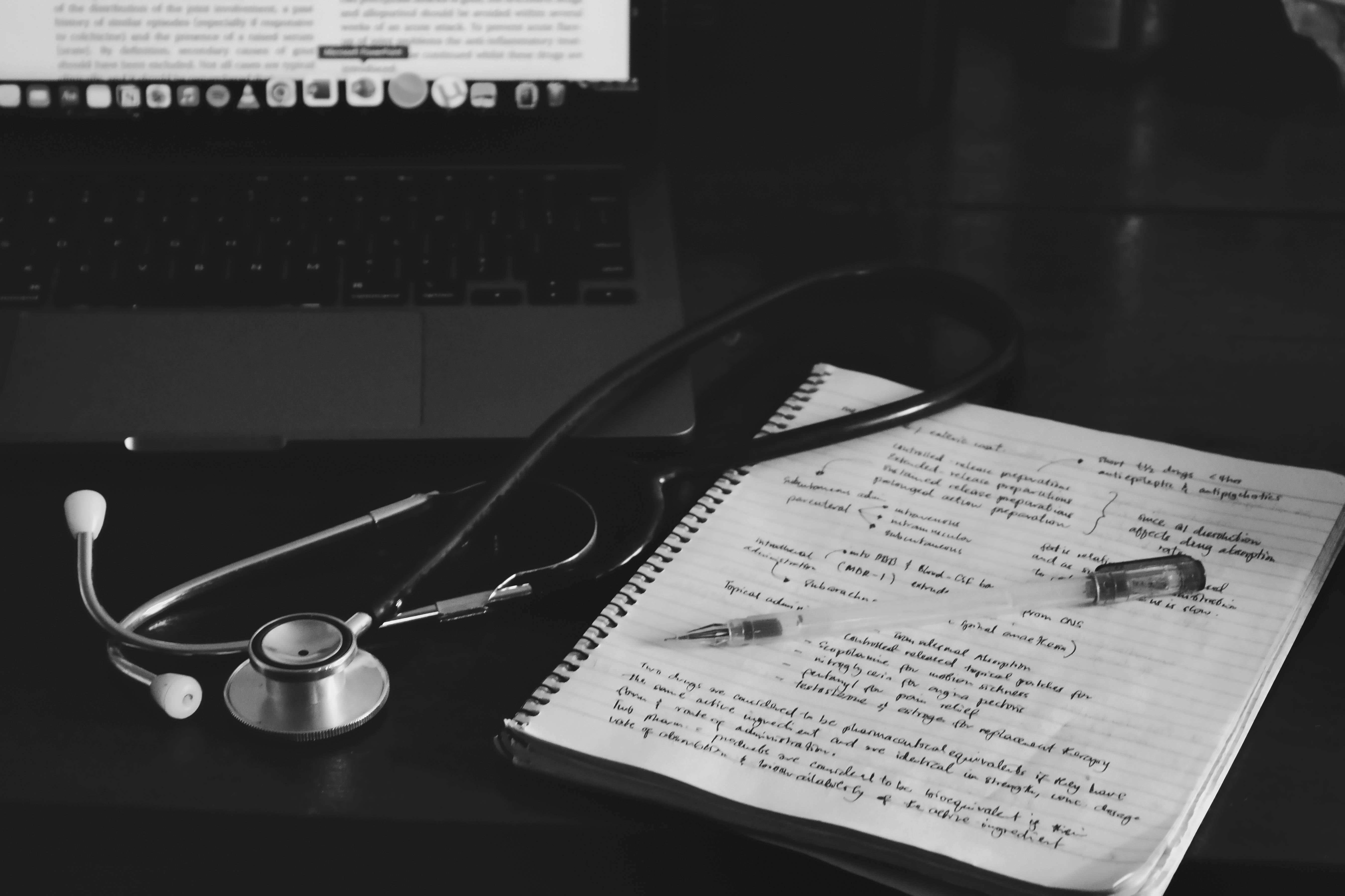 black and white, stethoscope, notebook, 5K Desktop Wallpaper