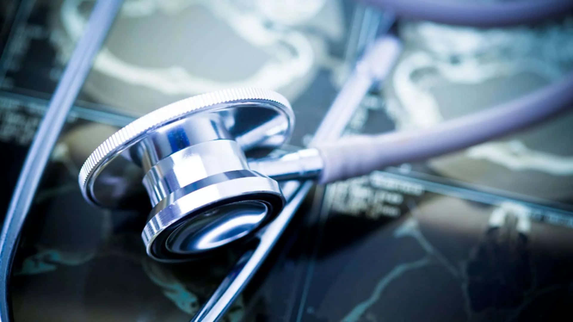 HD Medical Stethoscope, shiny silver, blurred medical scan, Full HD Desktop Wallpaper