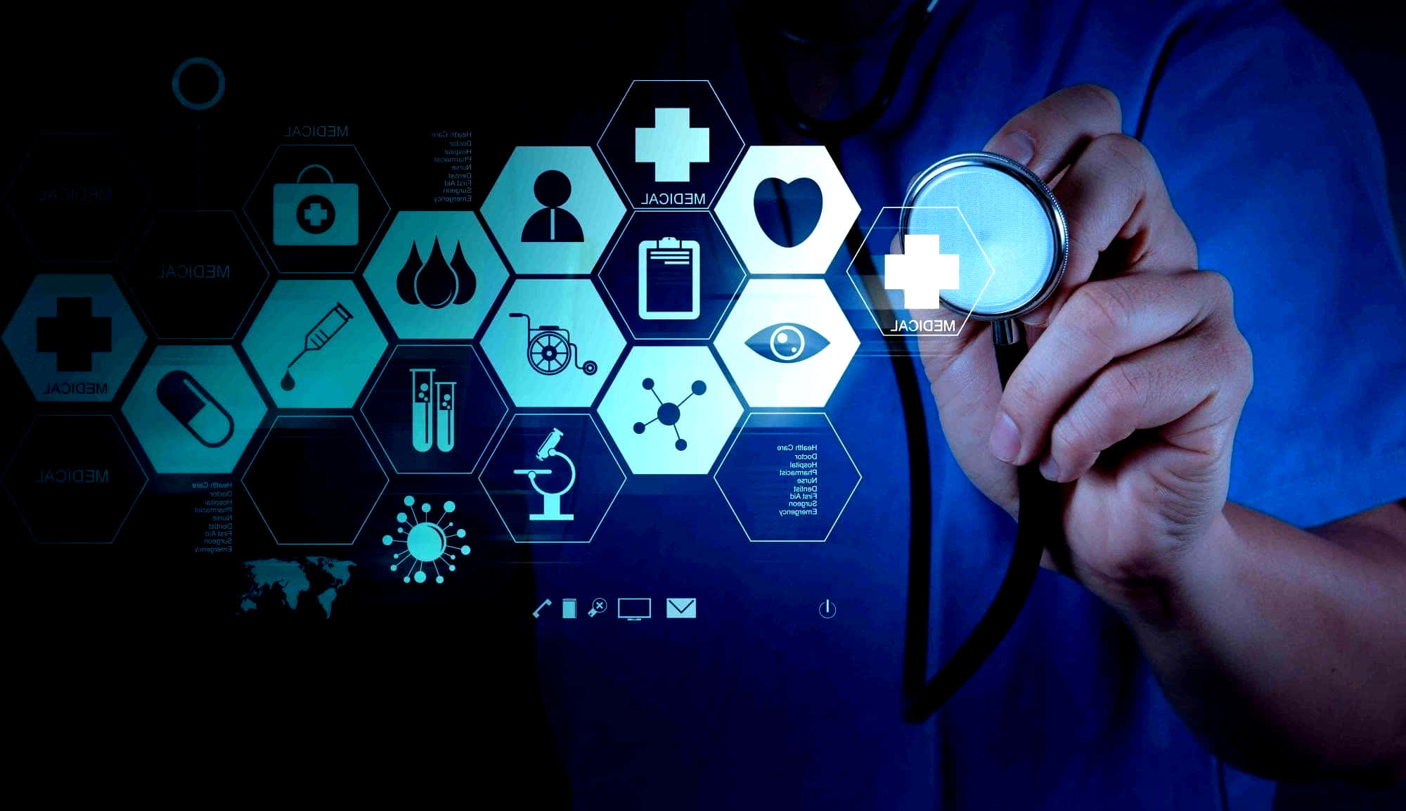 stethoscope, glowing blue hexagonal medical icons, dark digital interface, Full HD Desktop Wallpaper