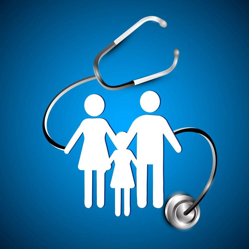 white family silhouette, silver stethoscope, solid blue background, SD Desktop Wallpaper