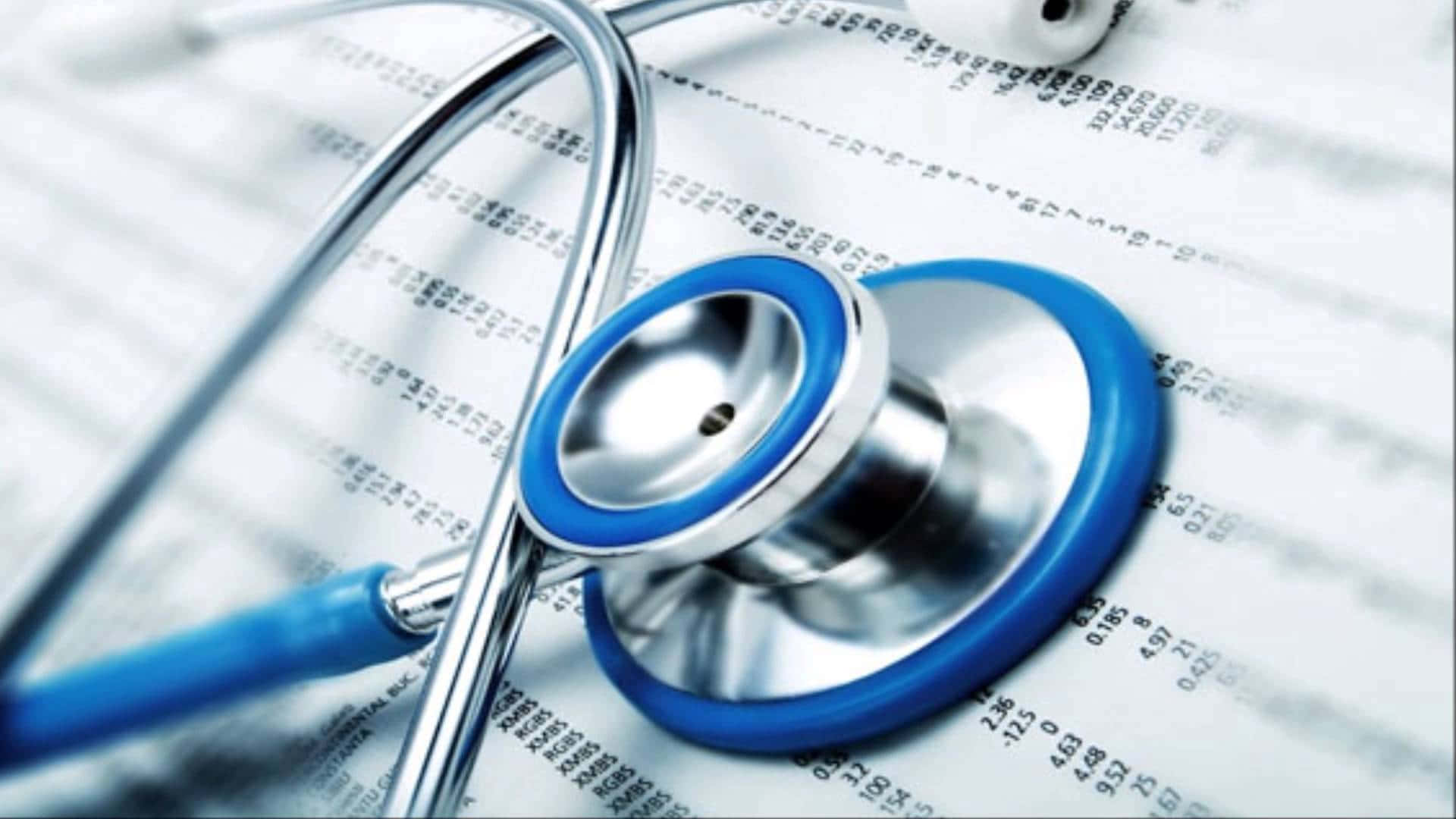 blue HD medical stethoscope, silver stethoscope, blurred medical charts, Full HD Desktop Wallpaper