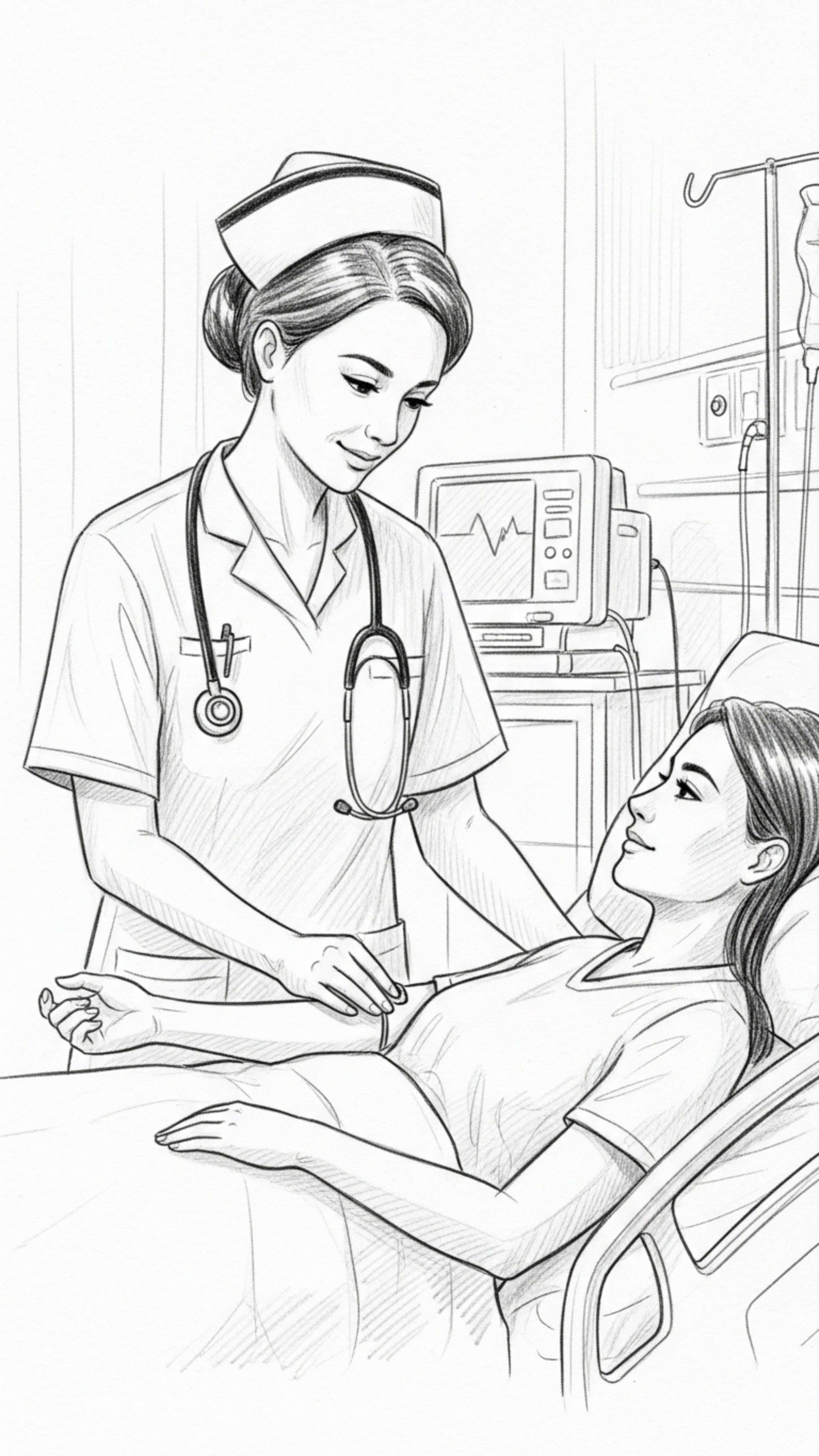 nurse, pencil sketch, medical professional, 5K Phone Wallpaper