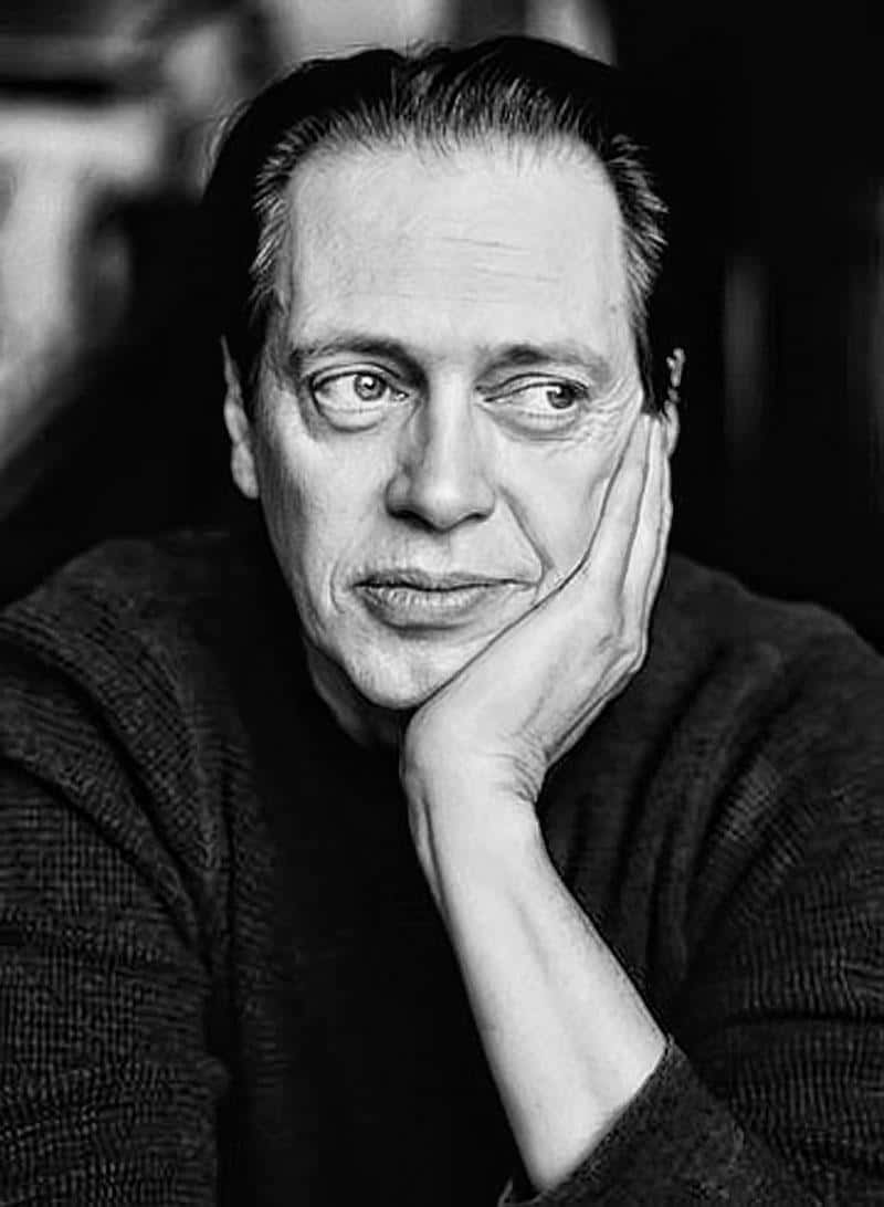 Steve Buscemi, black and white portrait, man resting his chin on his hand, SD Phone Wallpaper