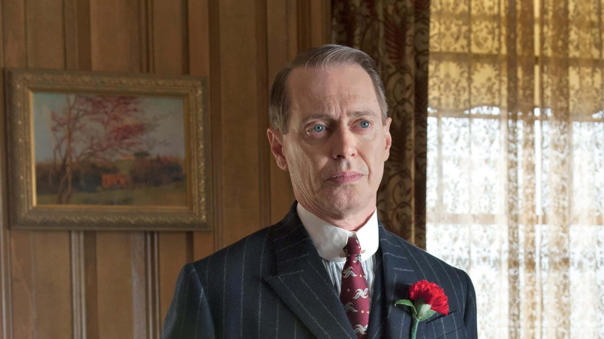 Steve Buscemi, pinstripe suit, red carnation, Full HD Desktop Wallpaper
