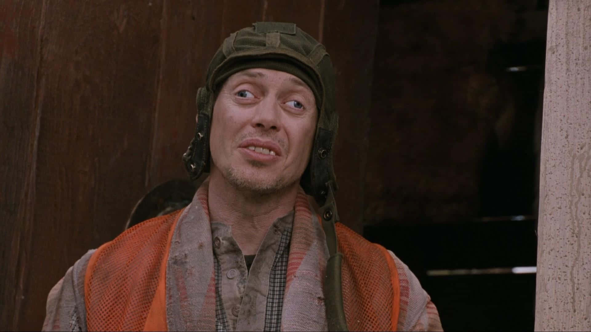 Steve Buscemi, muddy flight helmet, orange vest, Full HD Desktop Wallpaper