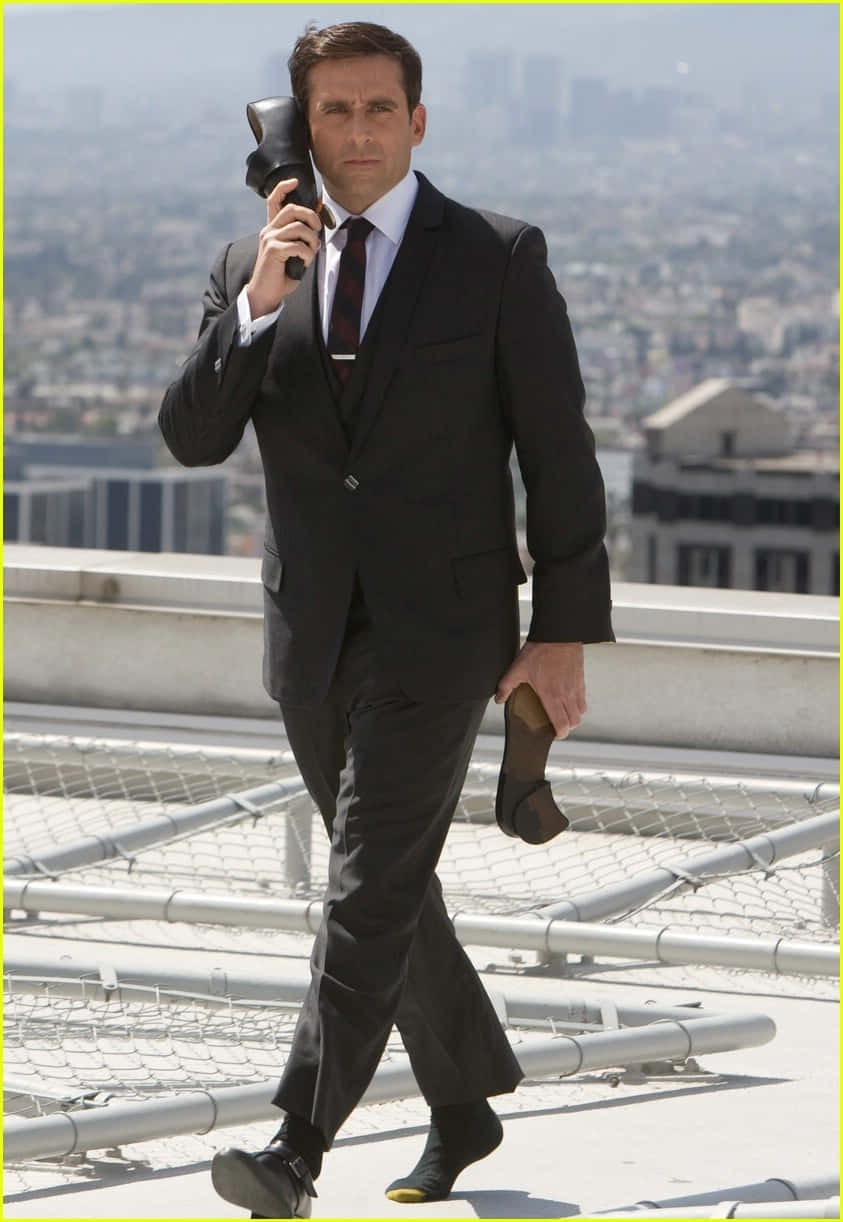 Steve Carell, black suit, rooftop, SD Phone Wallpaper
