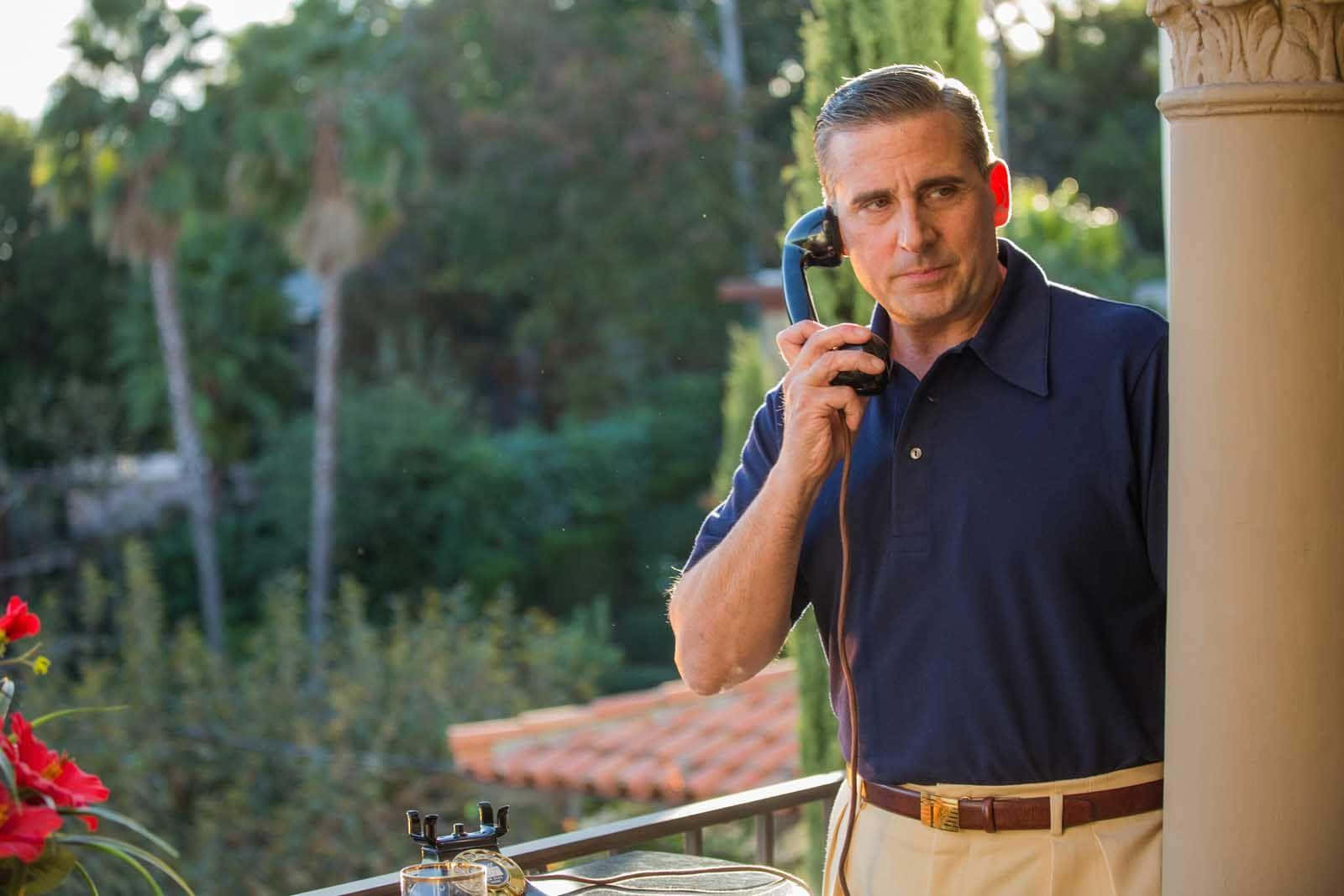 Steve Carell, navy polo shirt, vintage blue telephone receiver, HD Desktop Wallpaper