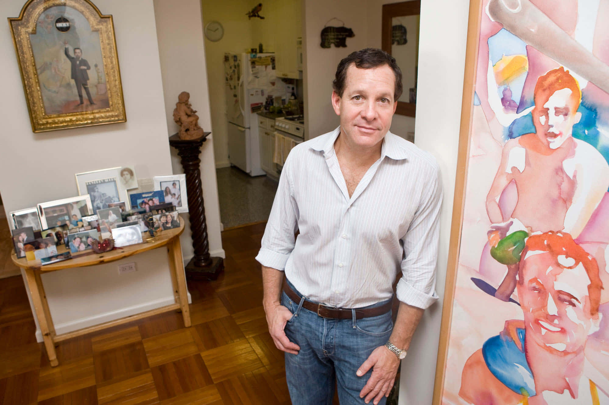 Steve Guttenberg, striped shirt, warmly lit home hallway, Full HD Desktop Wallpaper