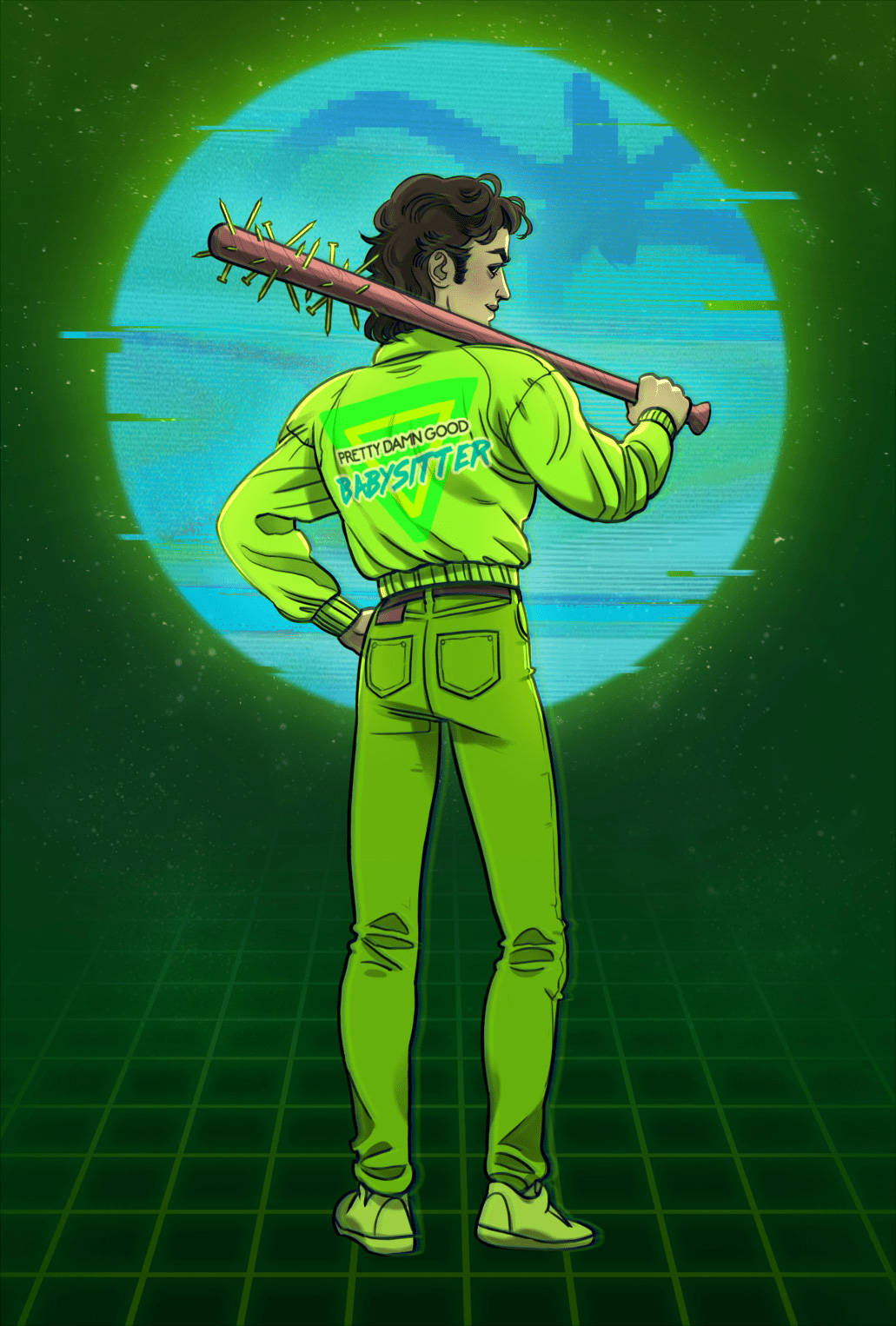 Steve Harrington, neon green 'Pretty Damn Good Babysitter' jacket, spiked bat, HD Phone Wallpaper