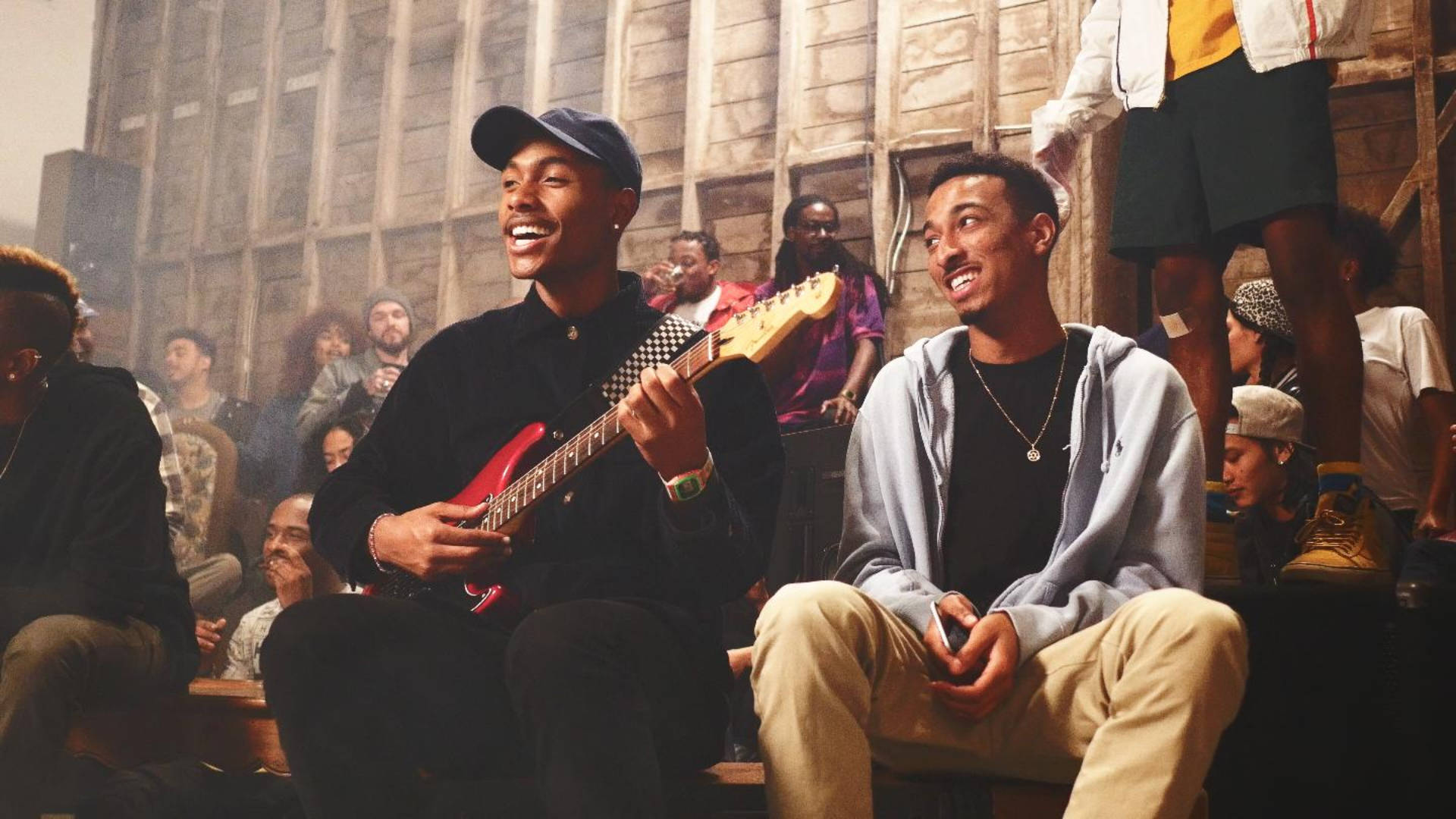 Steve Lacy, red electric guitar, smoky indoor crowd, Full HD Desktop Wallpaper