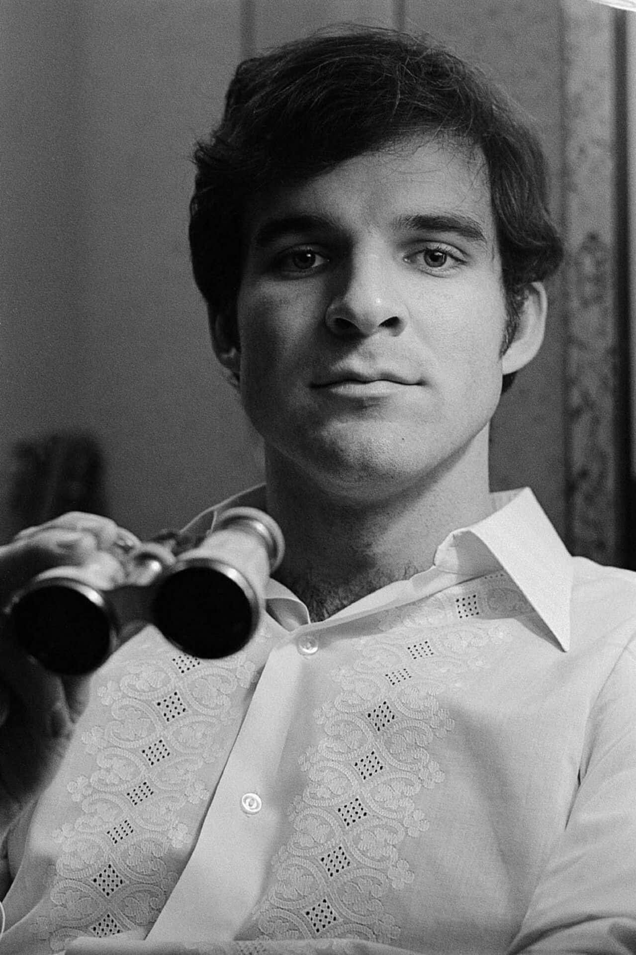 Steve Martin, black and white portrait, patterned shirt, Full HD Phone Wallpaper