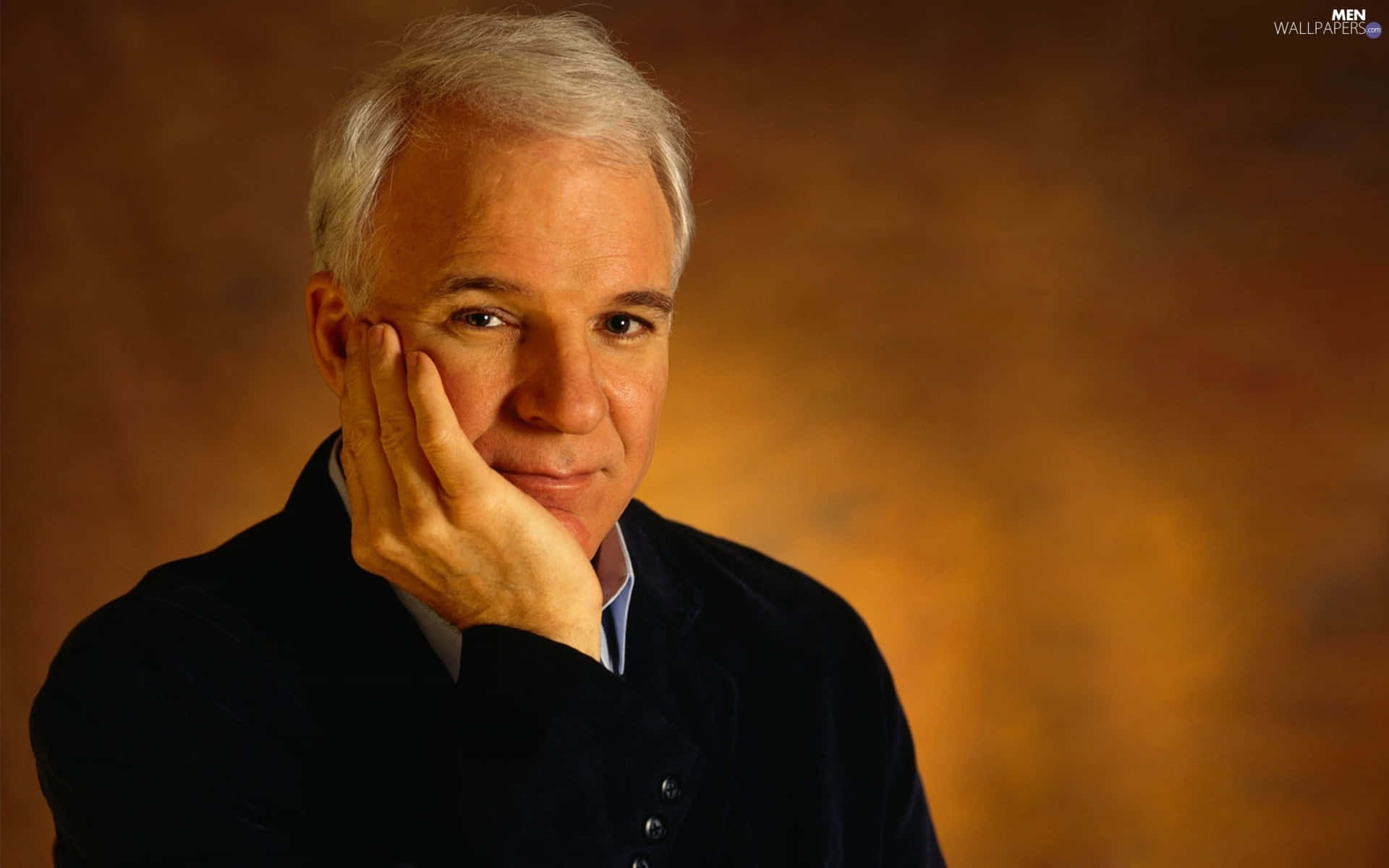 Steve Martin, white hair, chin on hand, Full HD Desktop Wallpaper