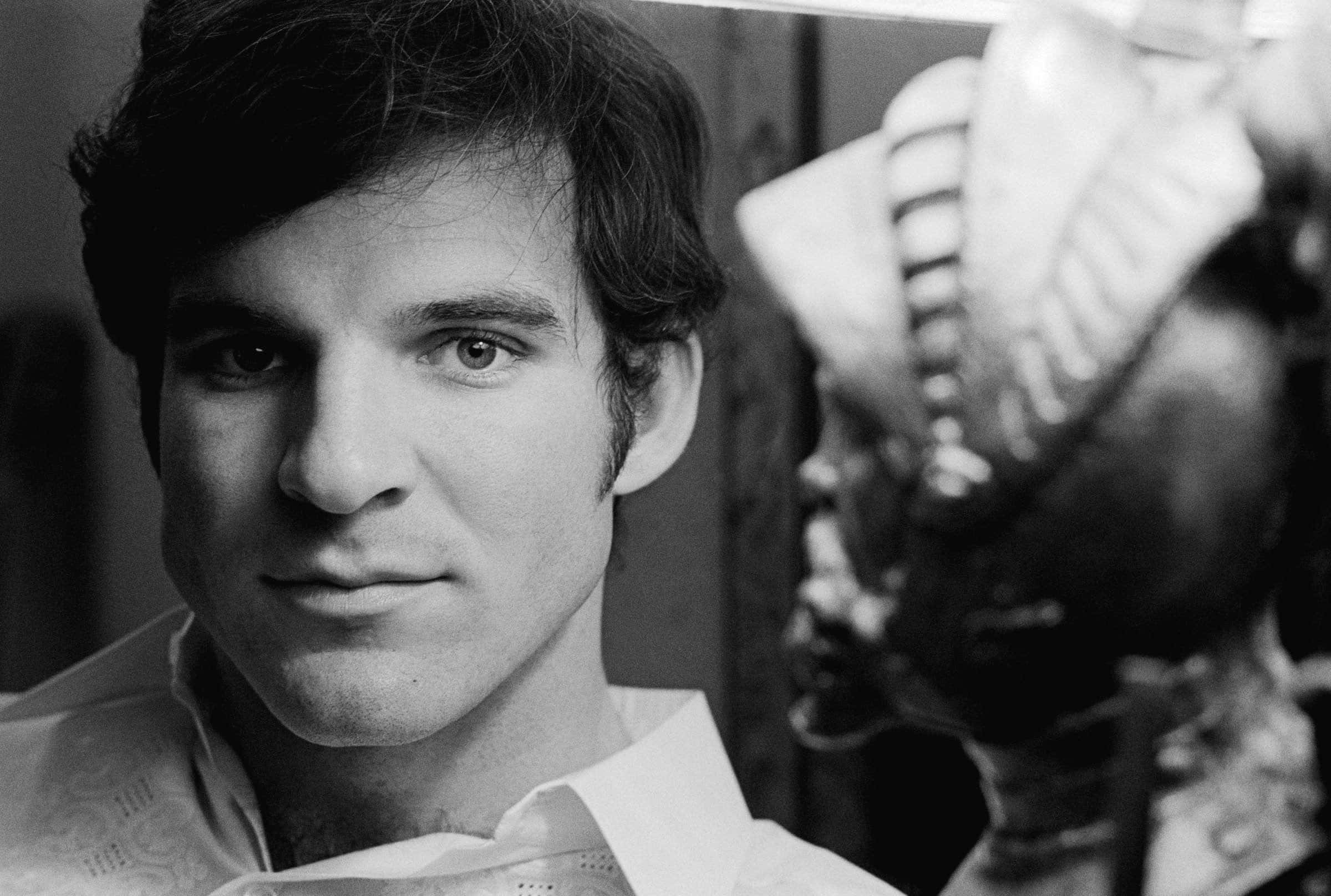 Steve Martin, black and white portrait, dark hair, Full HD Desktop Wallpaper