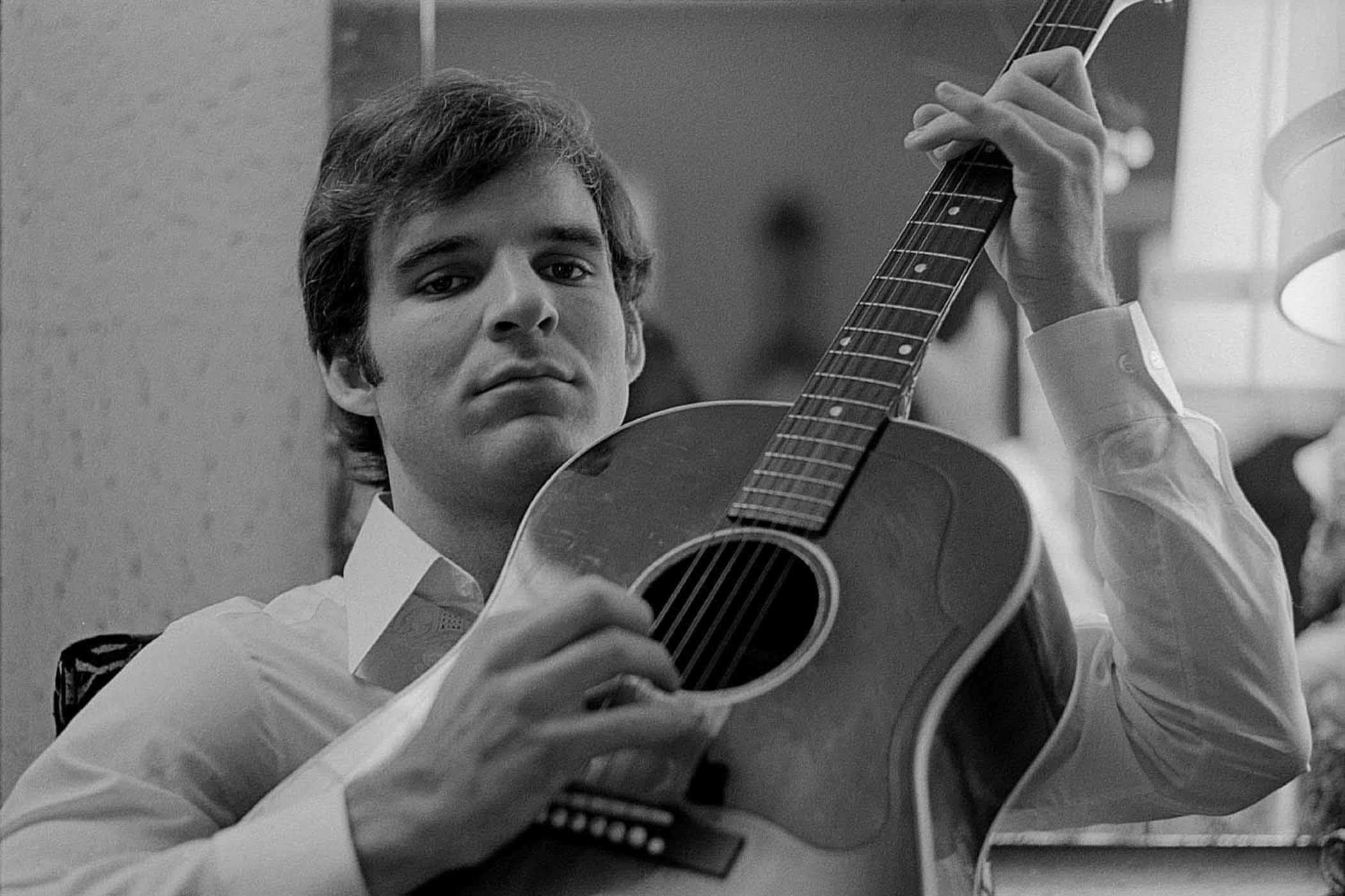 Steve Martin, acoustic guitar, collared shirt, Full HD Desktop Wallpaper
