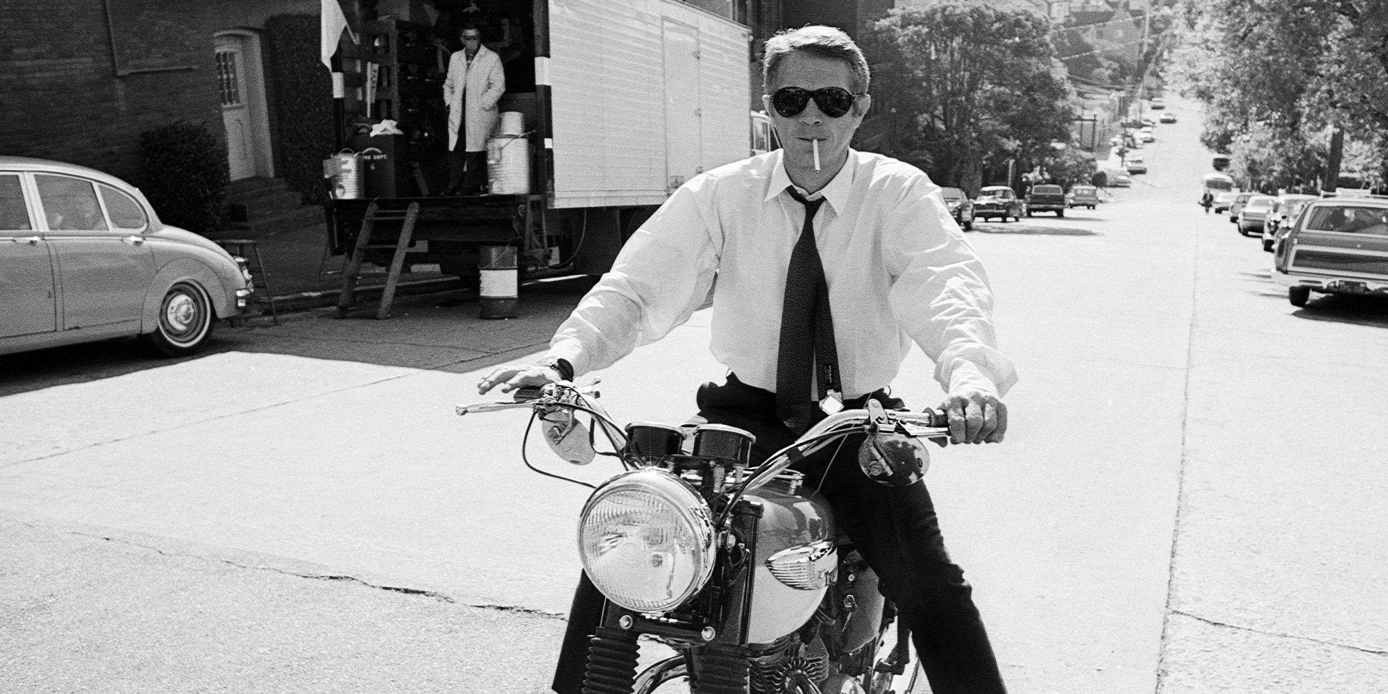 Steve McQueen, vintage motorcycle, sunlit street, Full HD Desktop Wallpaper