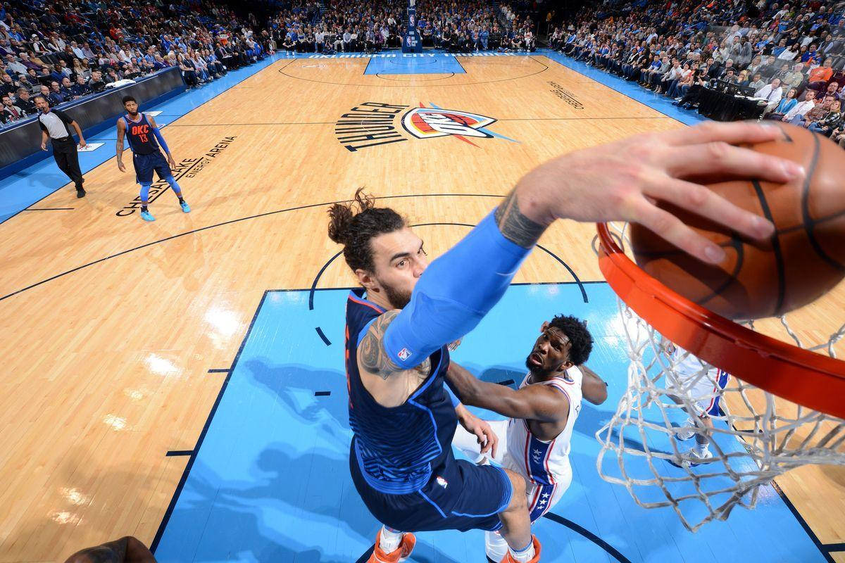 Steven Adams, blue jersey, white jersey, SD Desktop Wallpaper