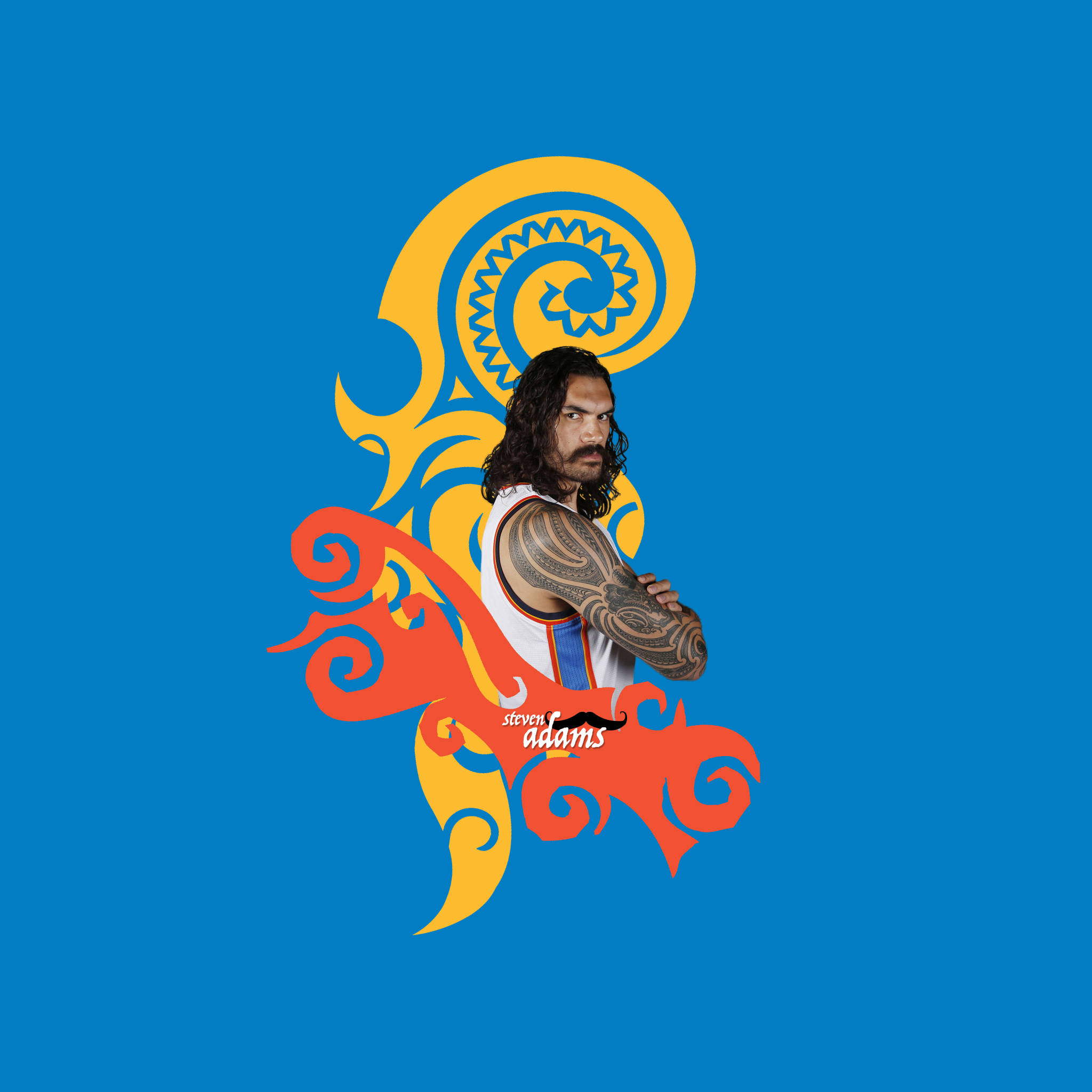 Steven Adams, blue background, yellow and orange Maori-inspired swirls, Full HD Desktop Wallpaper