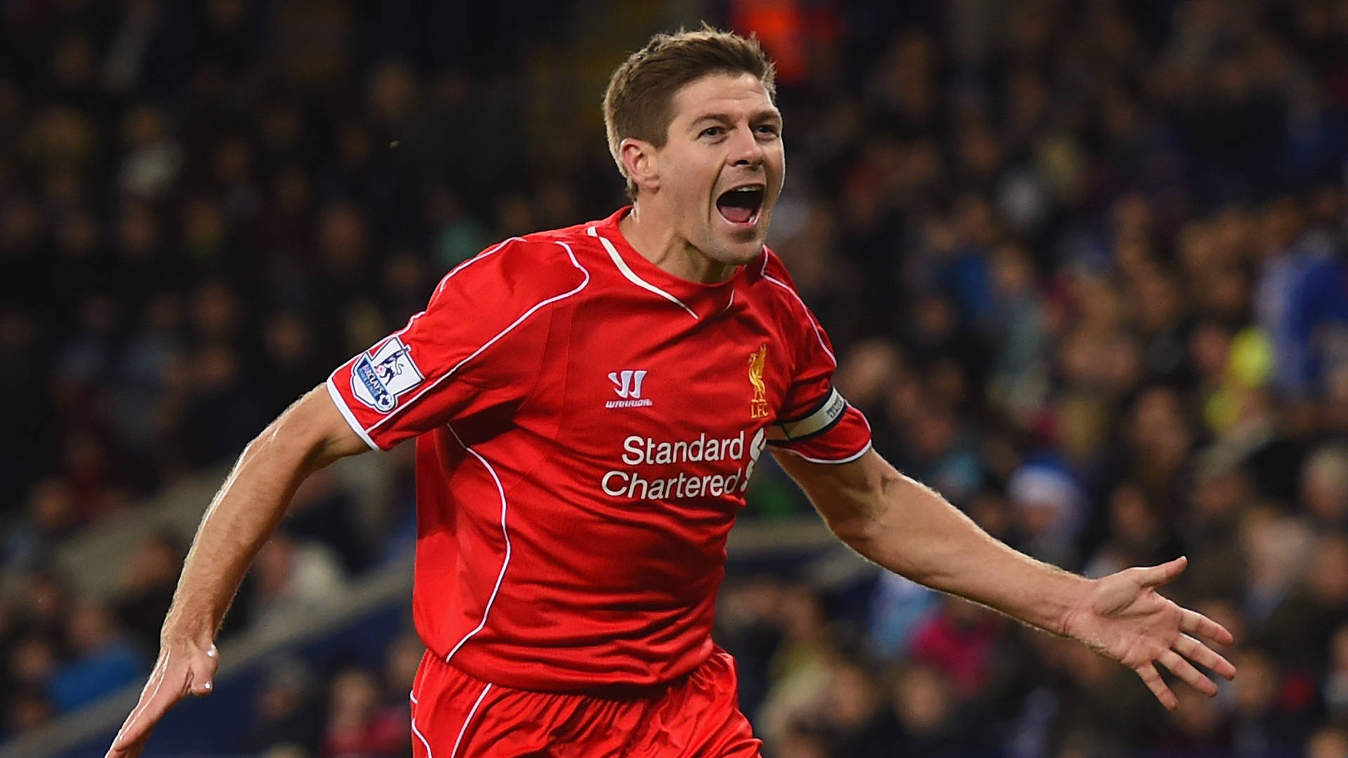 Steven Gerrard, red Liverpool jersey, stadium lights, Full HD Desktop Wallpaper