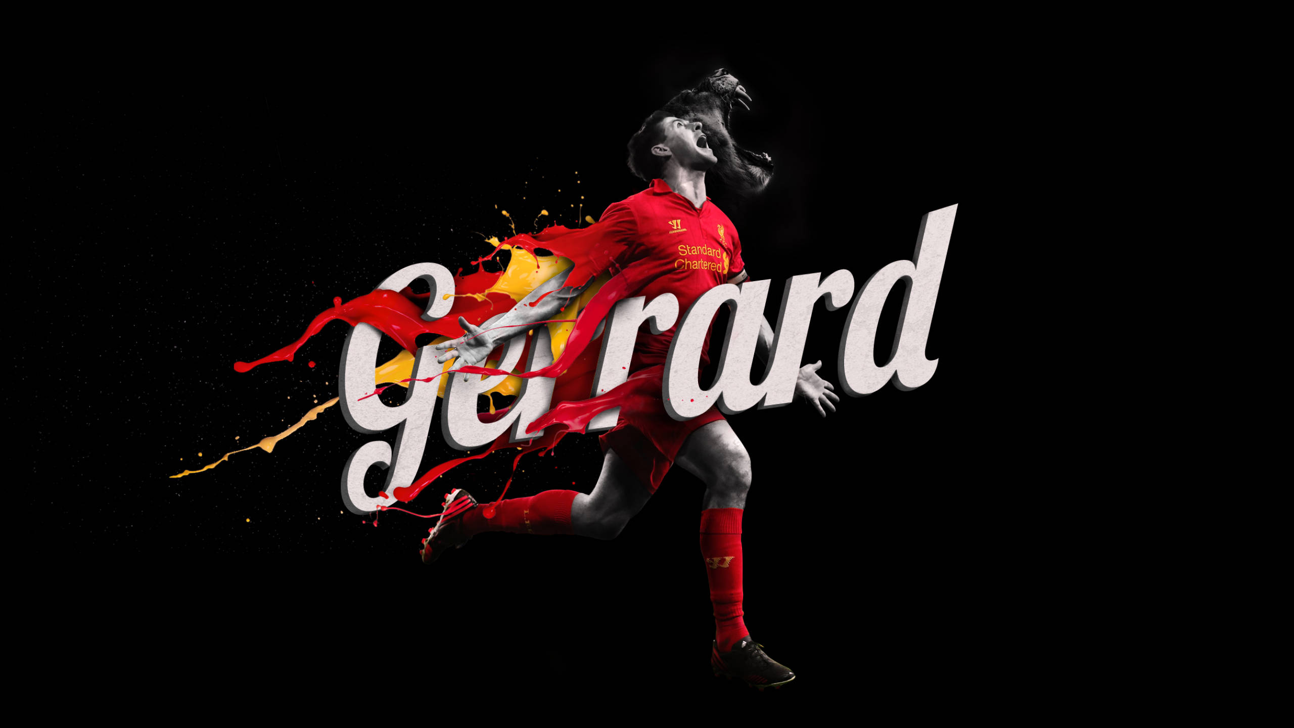 Steven Gerrard, red kit, paint splatters, 2K Desktop Wallpaper