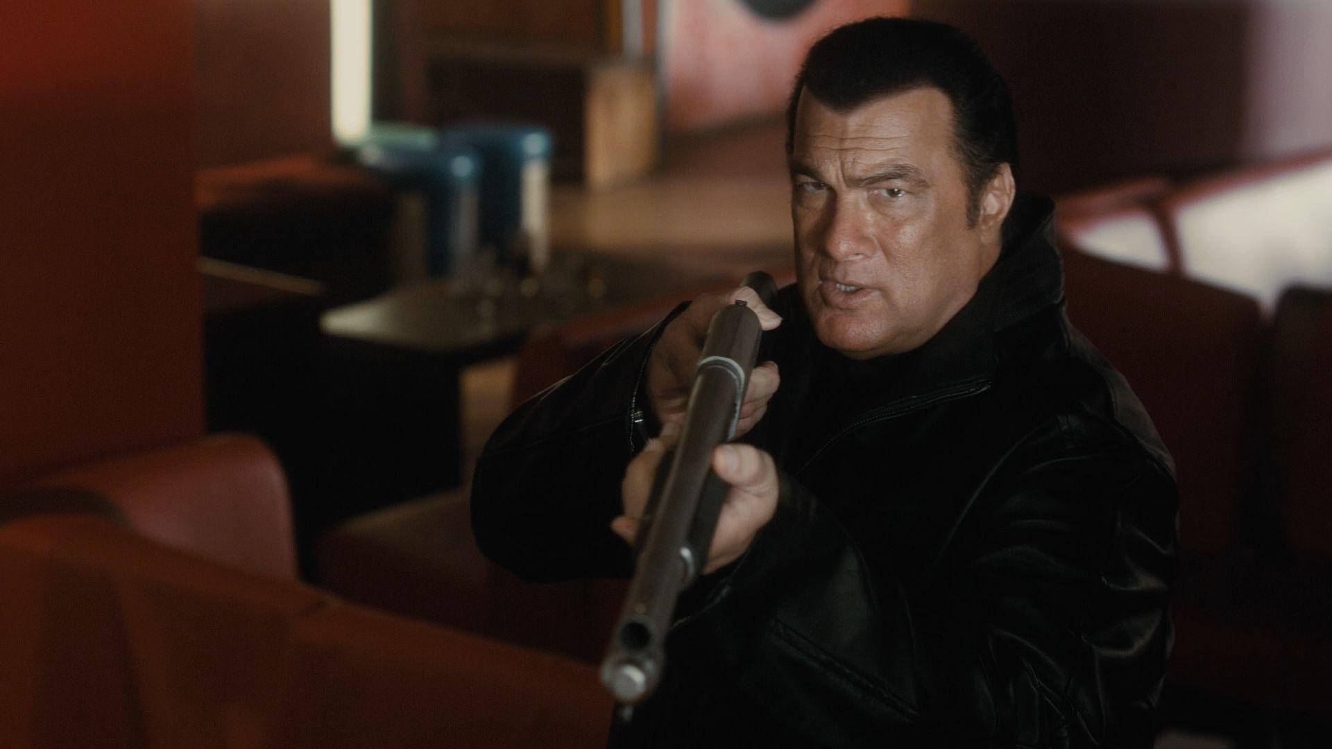 Steven Seagal, black leather jacket, shotgun, Full HD Desktop Wallpaper