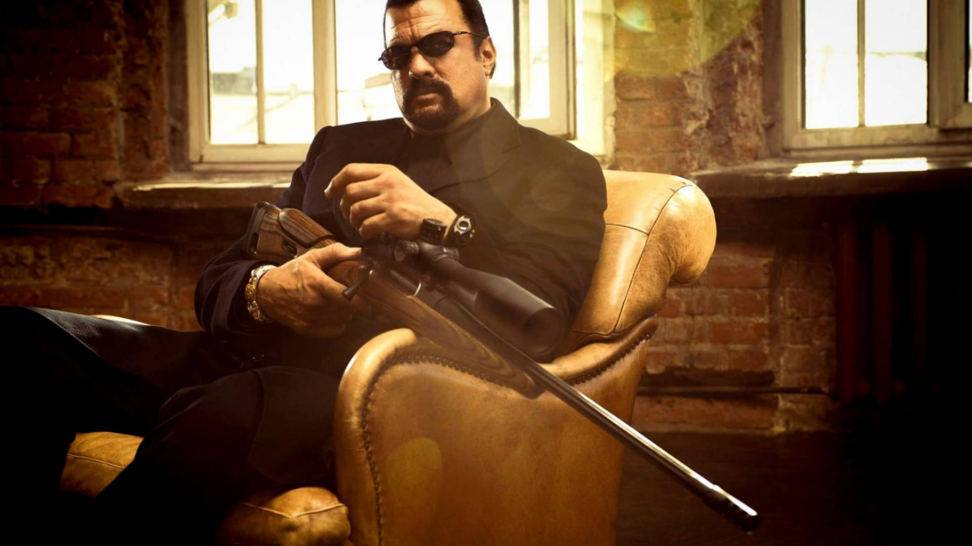 Steven Seagal, sniper rifle, black suit, Full HD Desktop Wallpaper