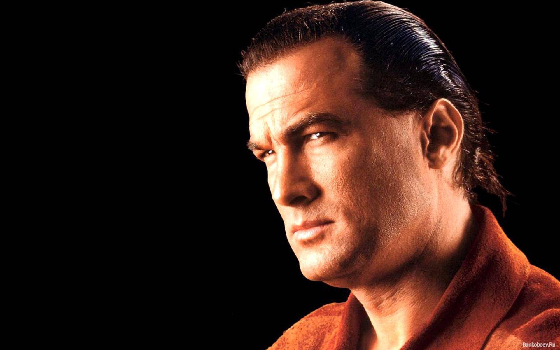 Steven Seagal, burnt orange shirt, stark black background, Full HD Desktop Wallpaper
