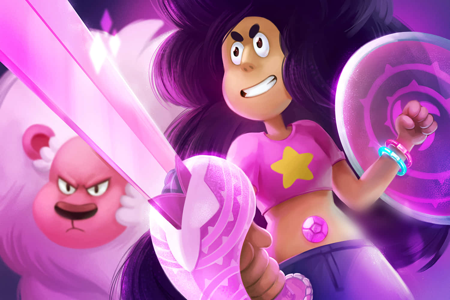Steven Universe Characters, glowing pink sword, fluffy pink creature, HD Desktop Wallpaper
