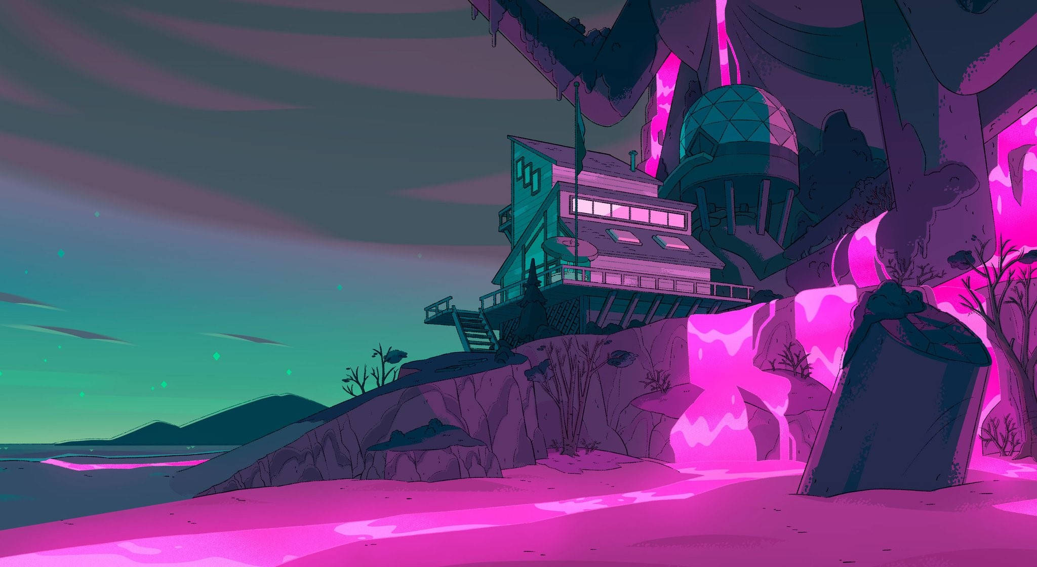 Steven Universe, neon lighting, teal building, Full HD Desktop Wallpaper