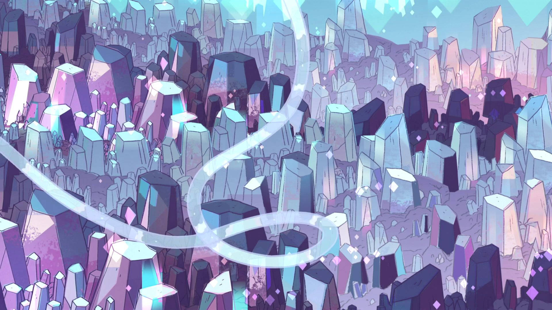 Steven Universe, glowing spiral energy trail, vast field of jagged purple and blue crystalline spires, Full HD Desktop Wallpaper
