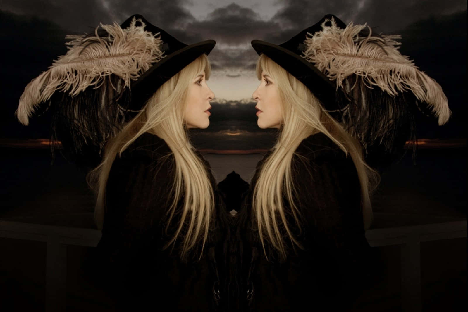 Stevie Nicks, feathered black hats, stormy twilight sky, HD Desktop Wallpaper