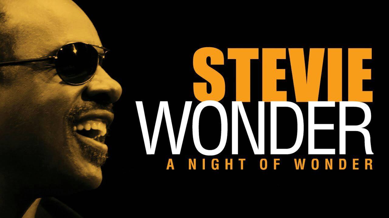 Stevie Wonder, black background, bold orange and white text, HD Desktop Wallpaper