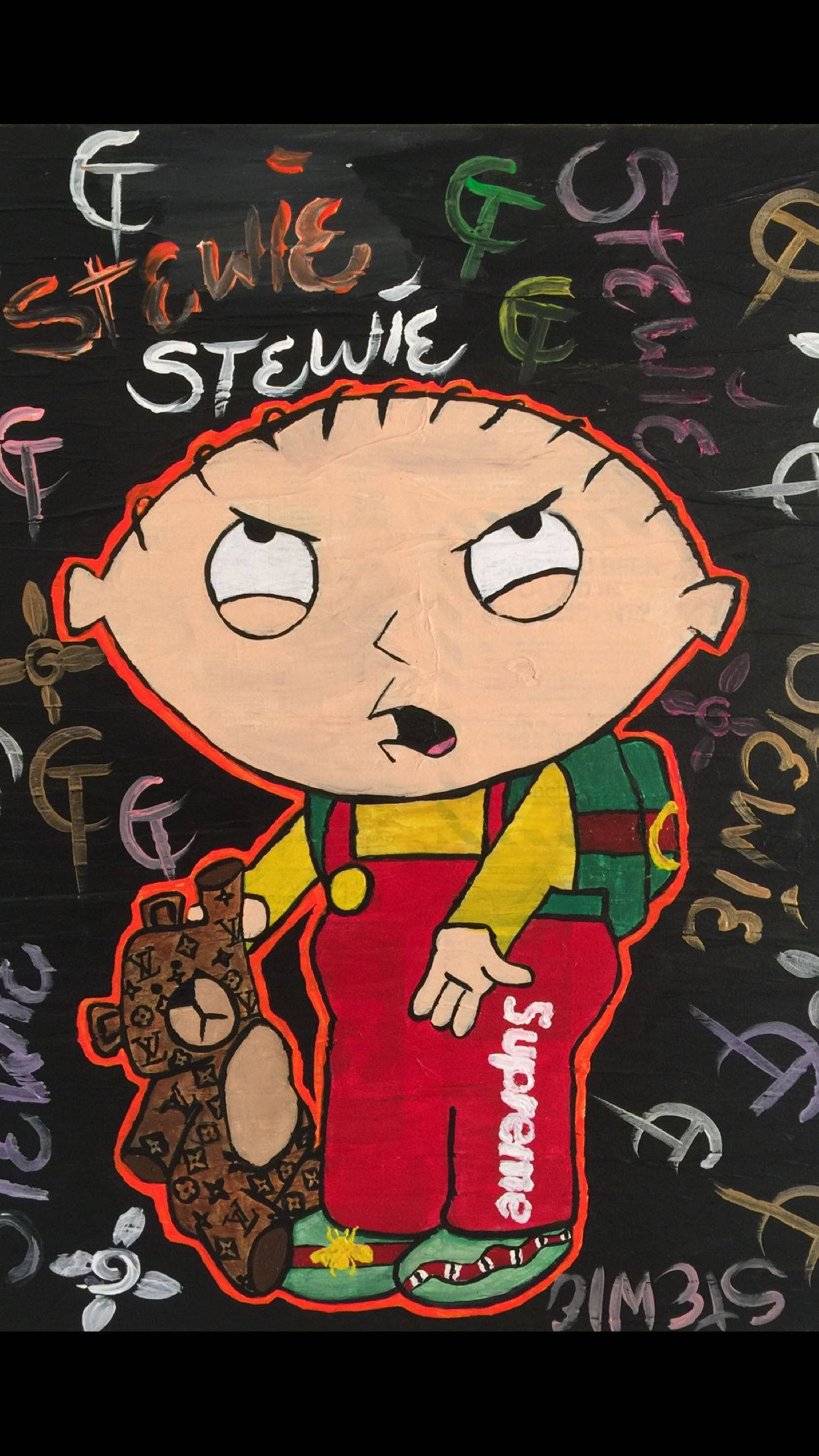 Stewie Griffin, urban art, graffiti-covered black background, Full HD Phone Wallpaper