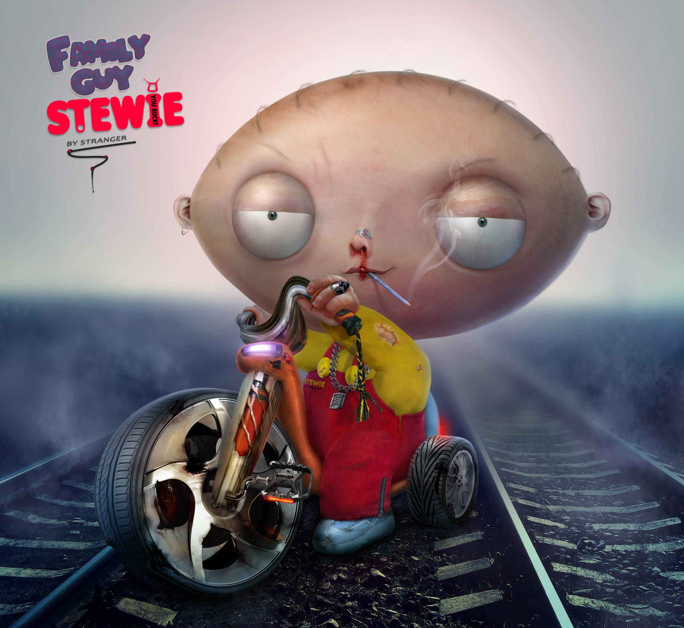 Stewie Griffin, custom chopper motorcycle, foggy railroad track, Full HD Desktop Wallpaper
