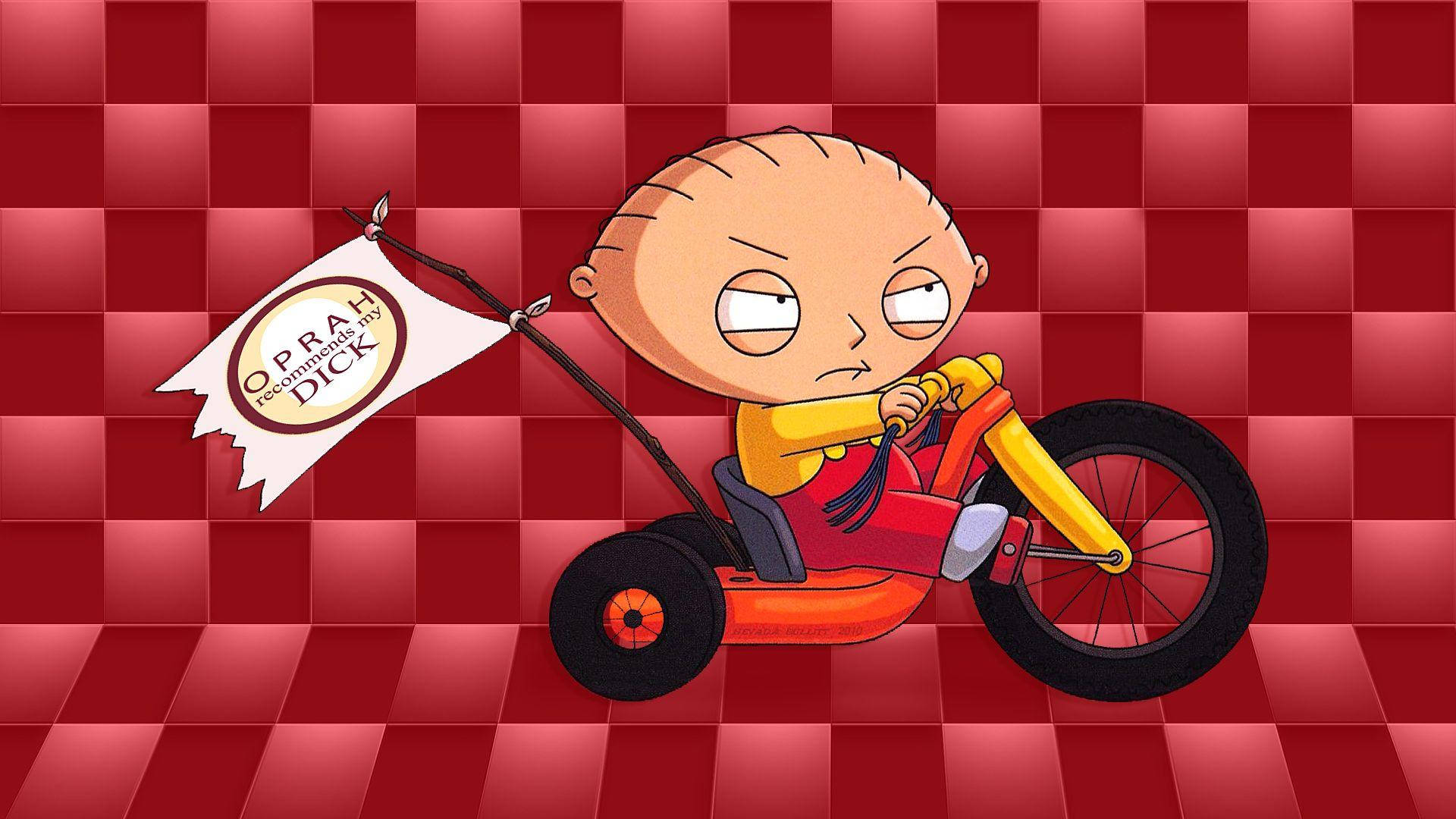 Stewie Griffin, red tricycle, Oprah recommends Dick flag, Full HD Desktop Wallpaper