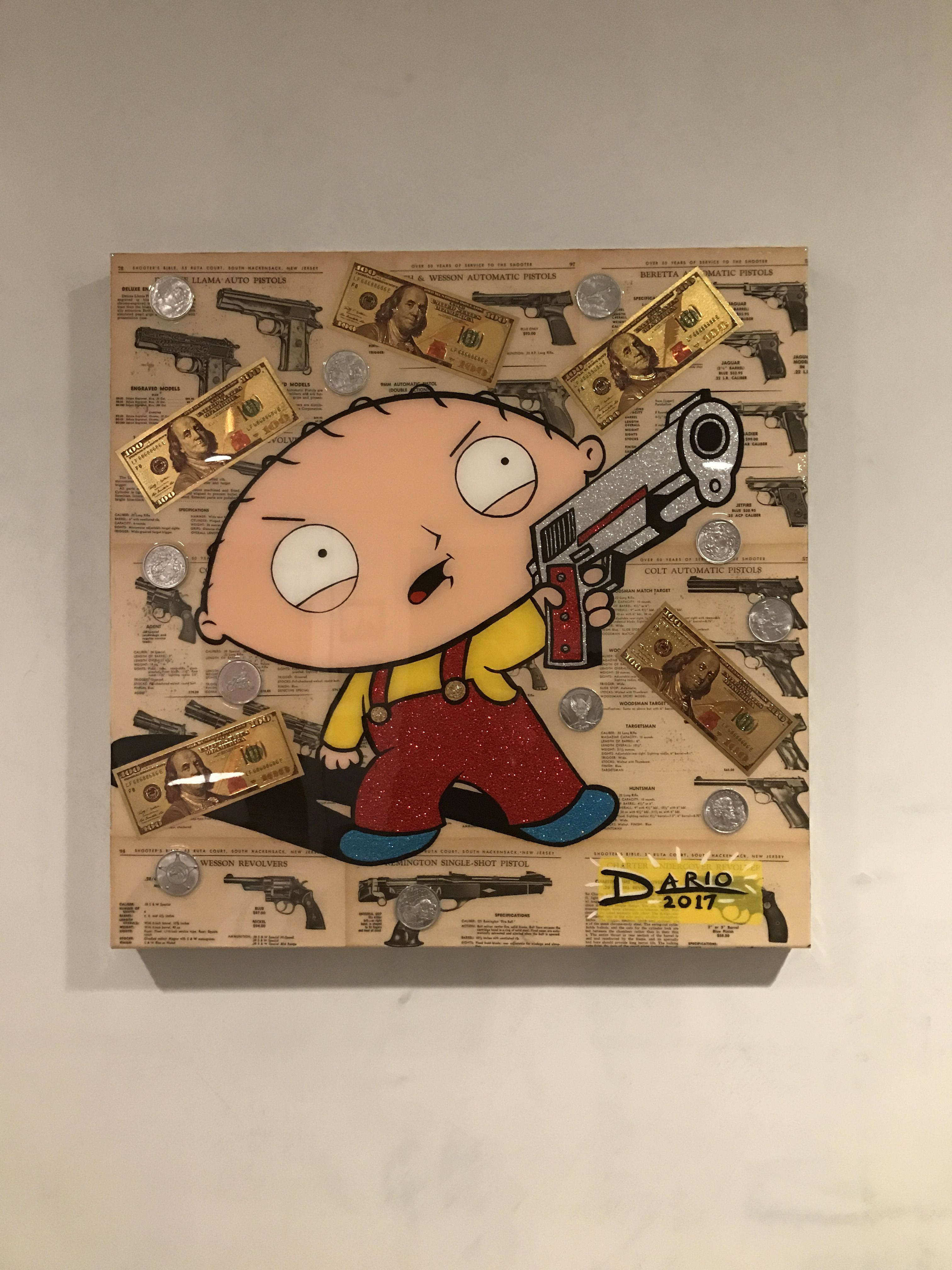 Stewie Griffin, glittery gun, money, 4K Phone Wallpaper