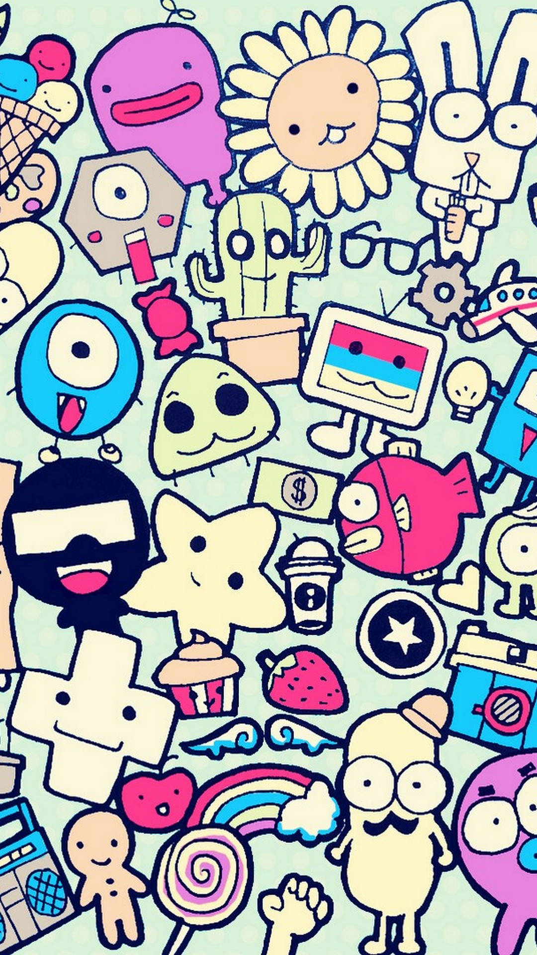 doodle style, aesthetic stickers, whimsical cartoon characters, Full HD Phone Wallpaper