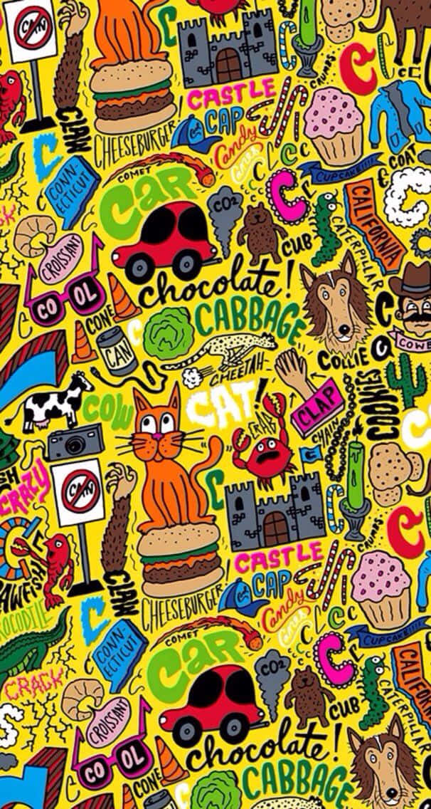 Dope Phone, vibrant yellow, chaotic cartoon doodles, SD Phone Wallpaper